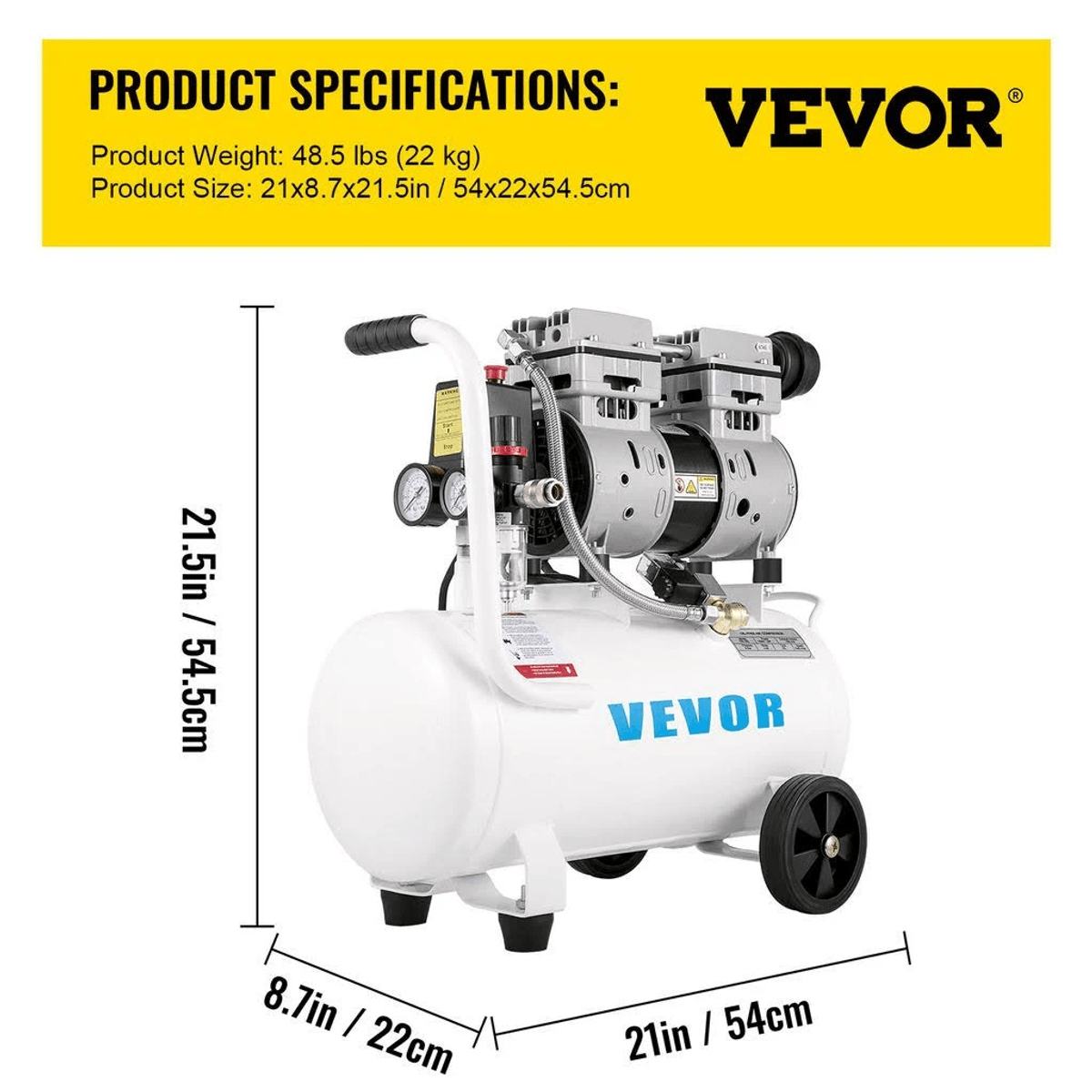 Compresor de aire con ruedas VEVOR con un peso de 48.5 lbs y dimensiones de 21x8.7x21.5 pulgadas.
