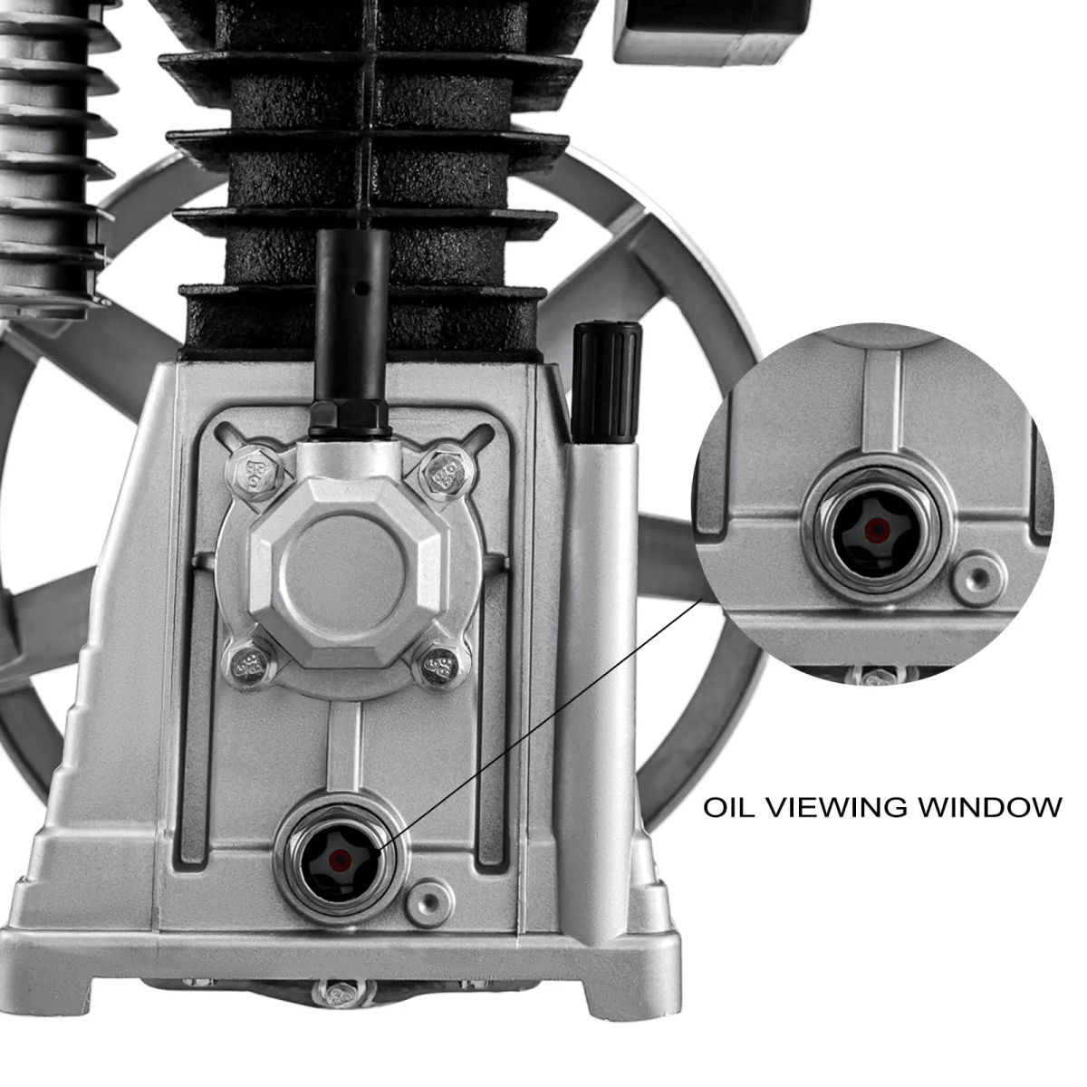 Primer plano de un bloque de máquina plateado con un visor de aceite ampliado etiquetado OIL VIEWING WINDOW.