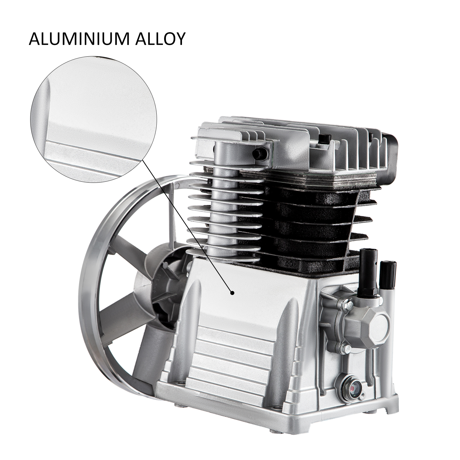 Bomba de compresor de aire de aluminio con polea y aletas, inserto de primer plano que muestra el metal.