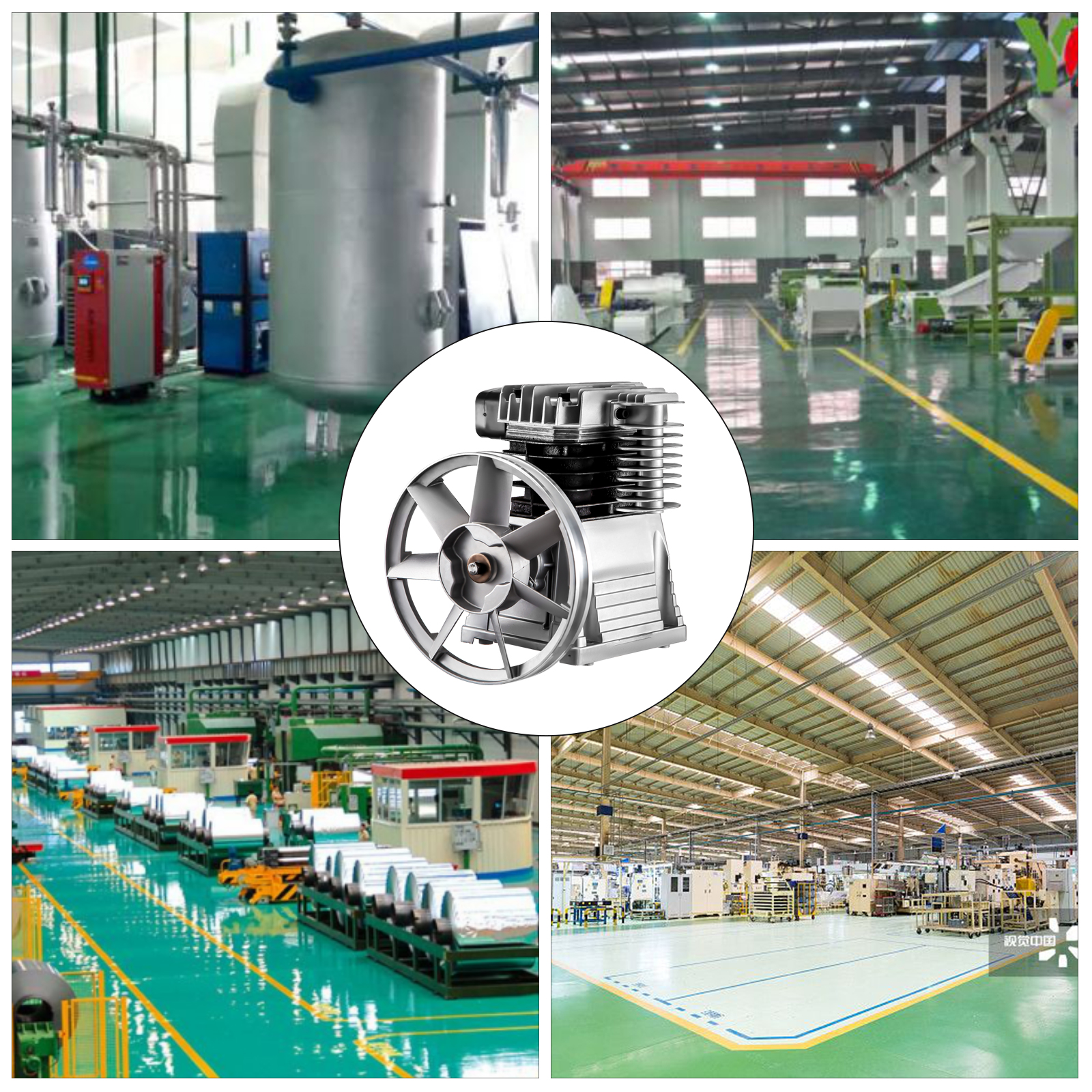 Un collage que muestra una bomba compresora de aire de metal en el centro, rodeada de plantas industriales.