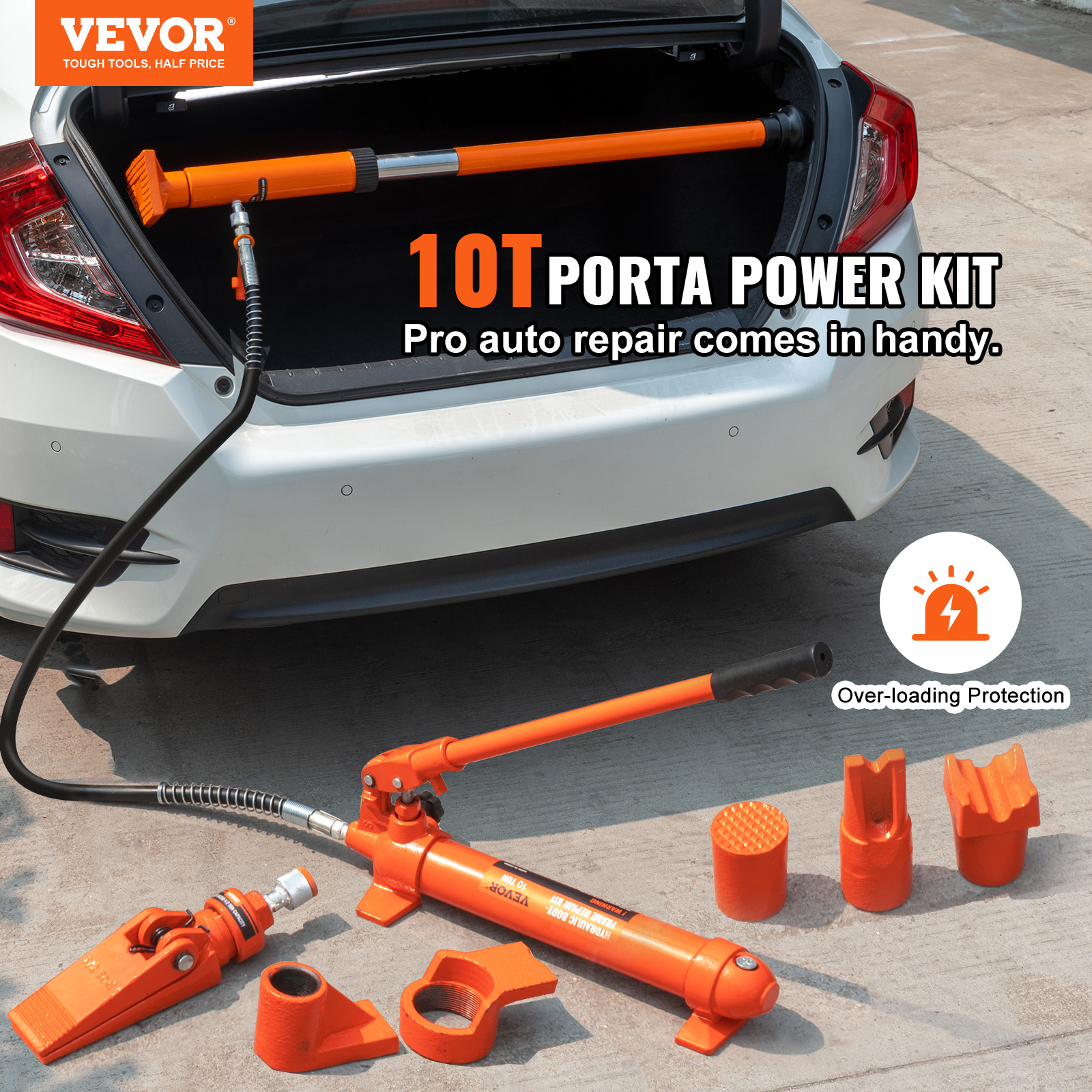 Kit de potencia porta de 10 toneladas con herramientas hidráulicas naranjas frente a un auto.