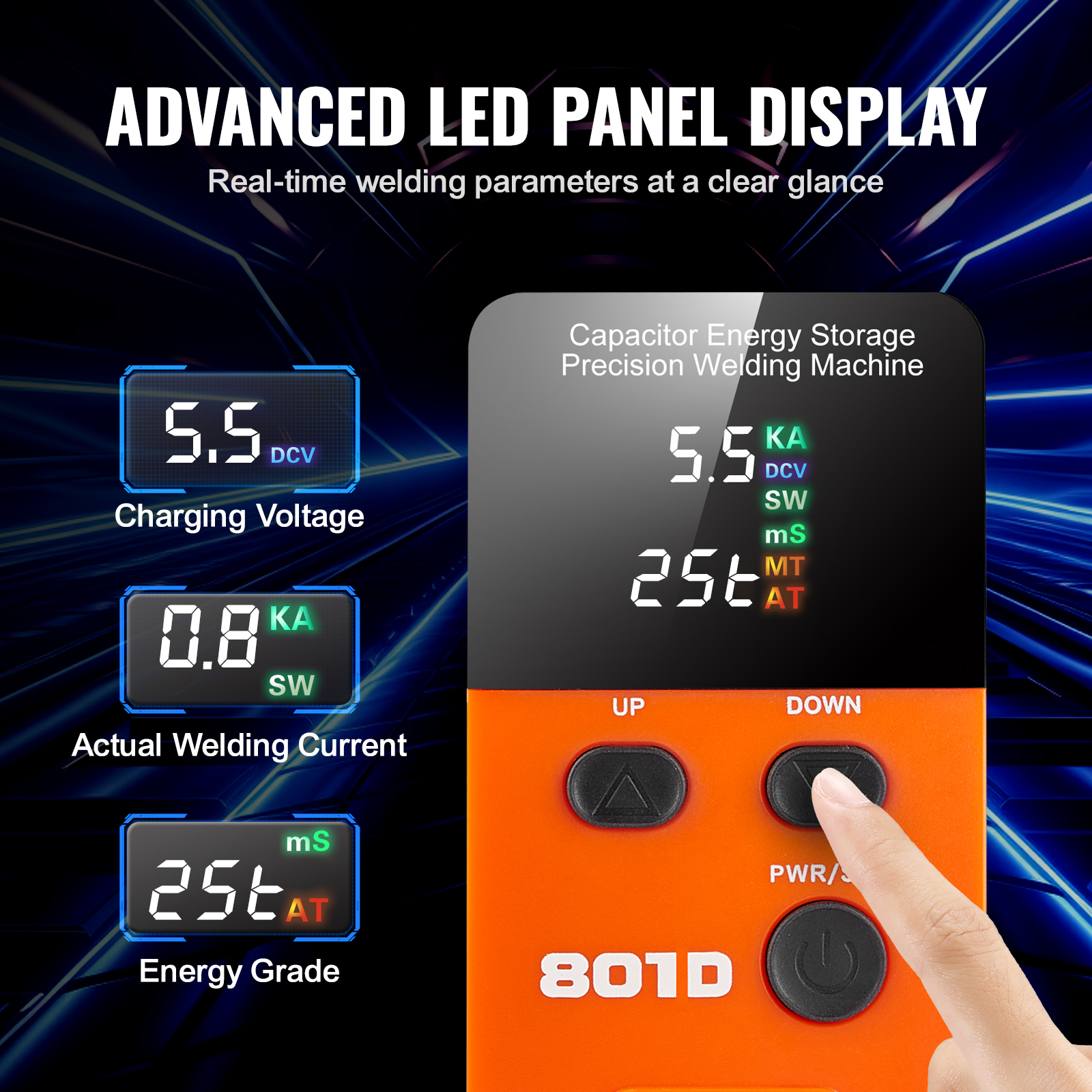 Pantalla LED avanzada en una máquina de soldadura de precisión 801D con controles.