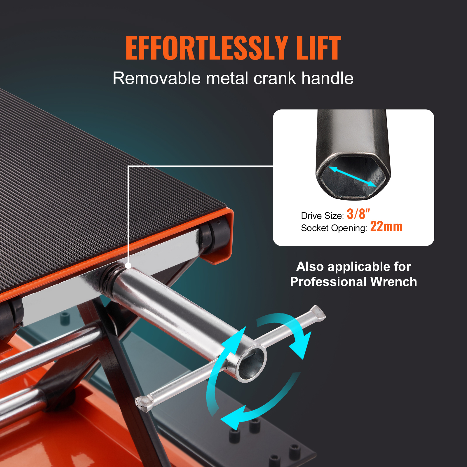 Manivela metálica para mesa elevadora con tamaño de accionamiento de 3/8" y boca de 22mm.