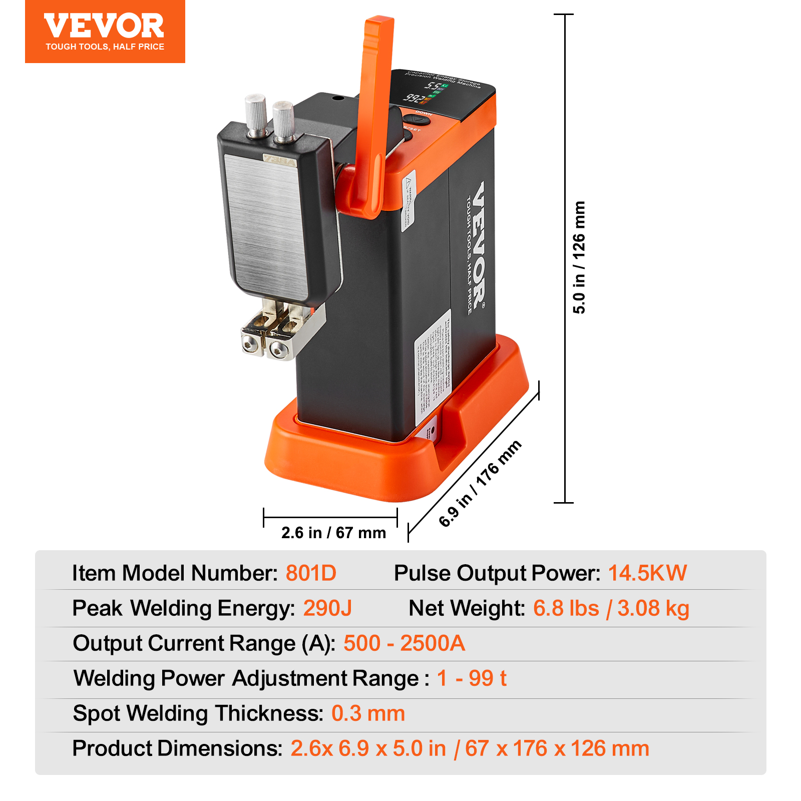 Un soldador por puntos Vevor portátil naranja y negro con indicadores de dimensiones y especificaciones.