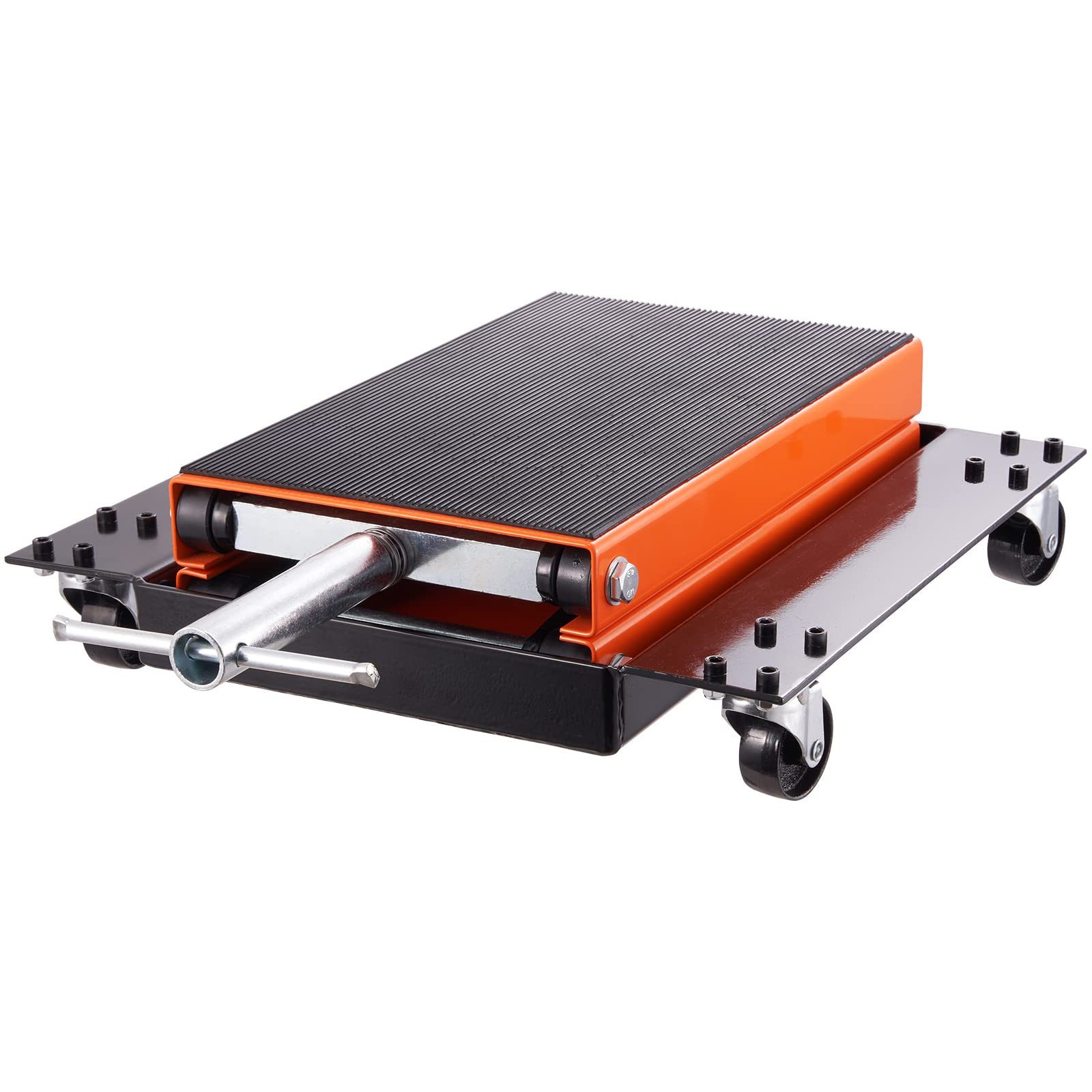 Mesa elevadora hidráulica naranja y negra con cuatro ruedas sobre fondo blanco.