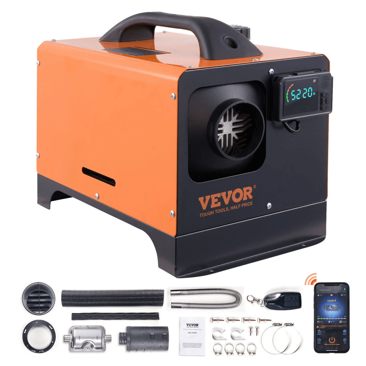 Calentador diésel portátil Vevor en naranja y negro con kit de accesorios sobre fondo blanco.