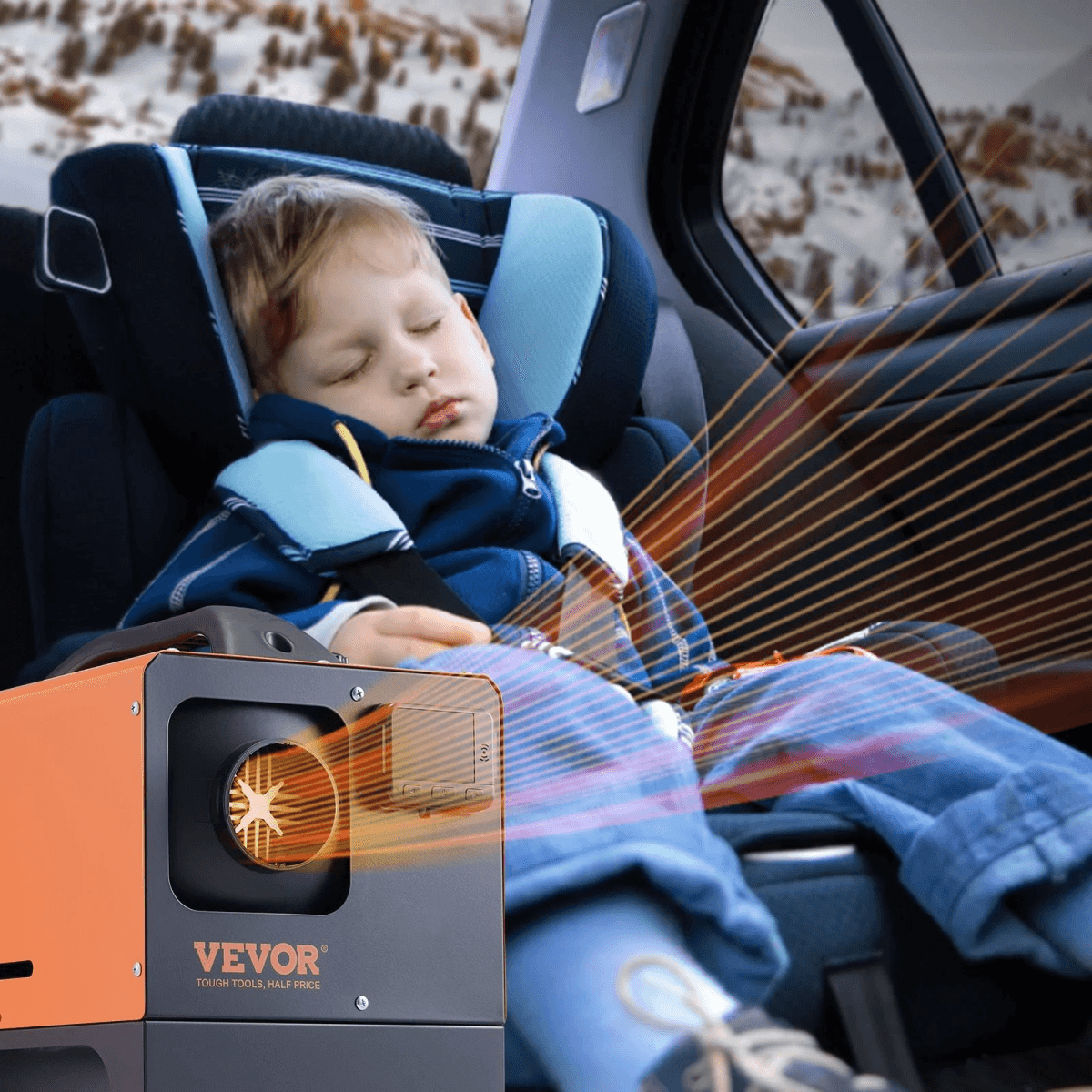 Un niño duerme seguro en la silla del auto mientras un calefactor naranja sopla aire caliente.
