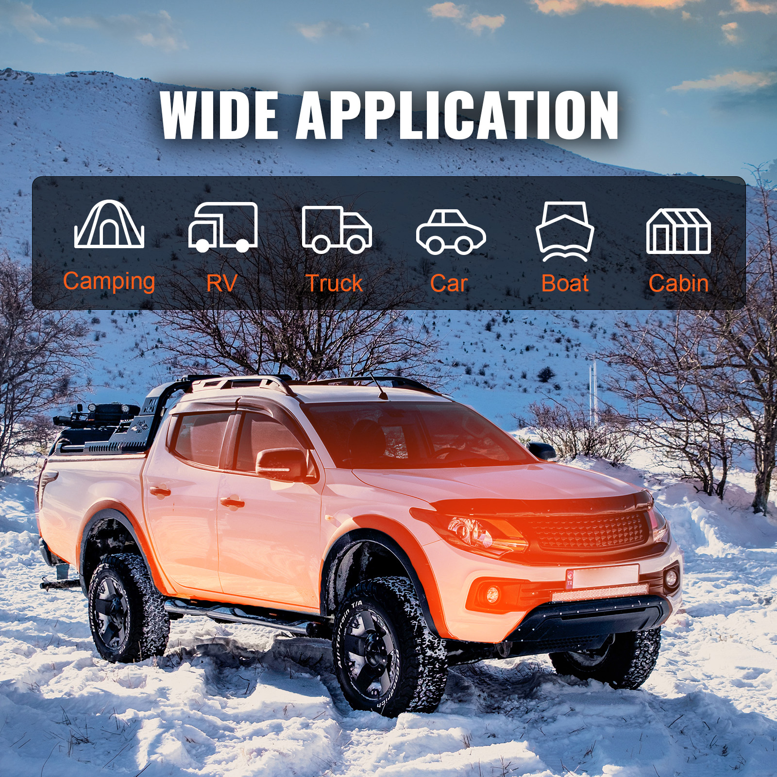 Una camioneta en la nieve con iconos de camping, autocaravana, camión, coche, barco y cabaña.