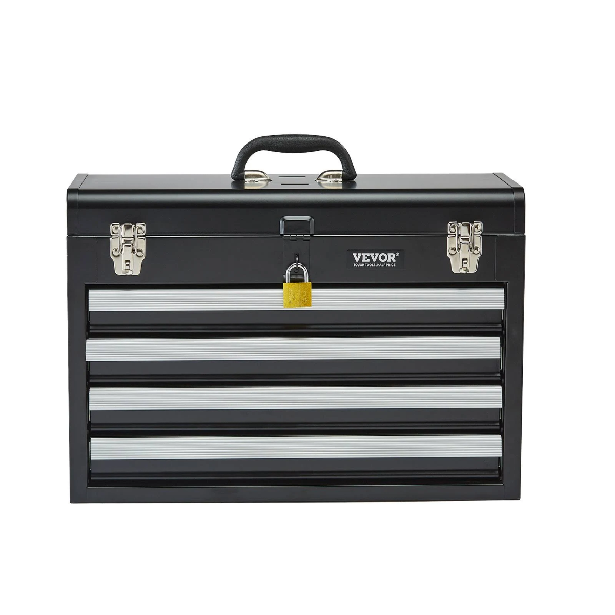 Una caja de herramientas de metal negro con cuatro cajones, asas plateadas y un candado amarillo.