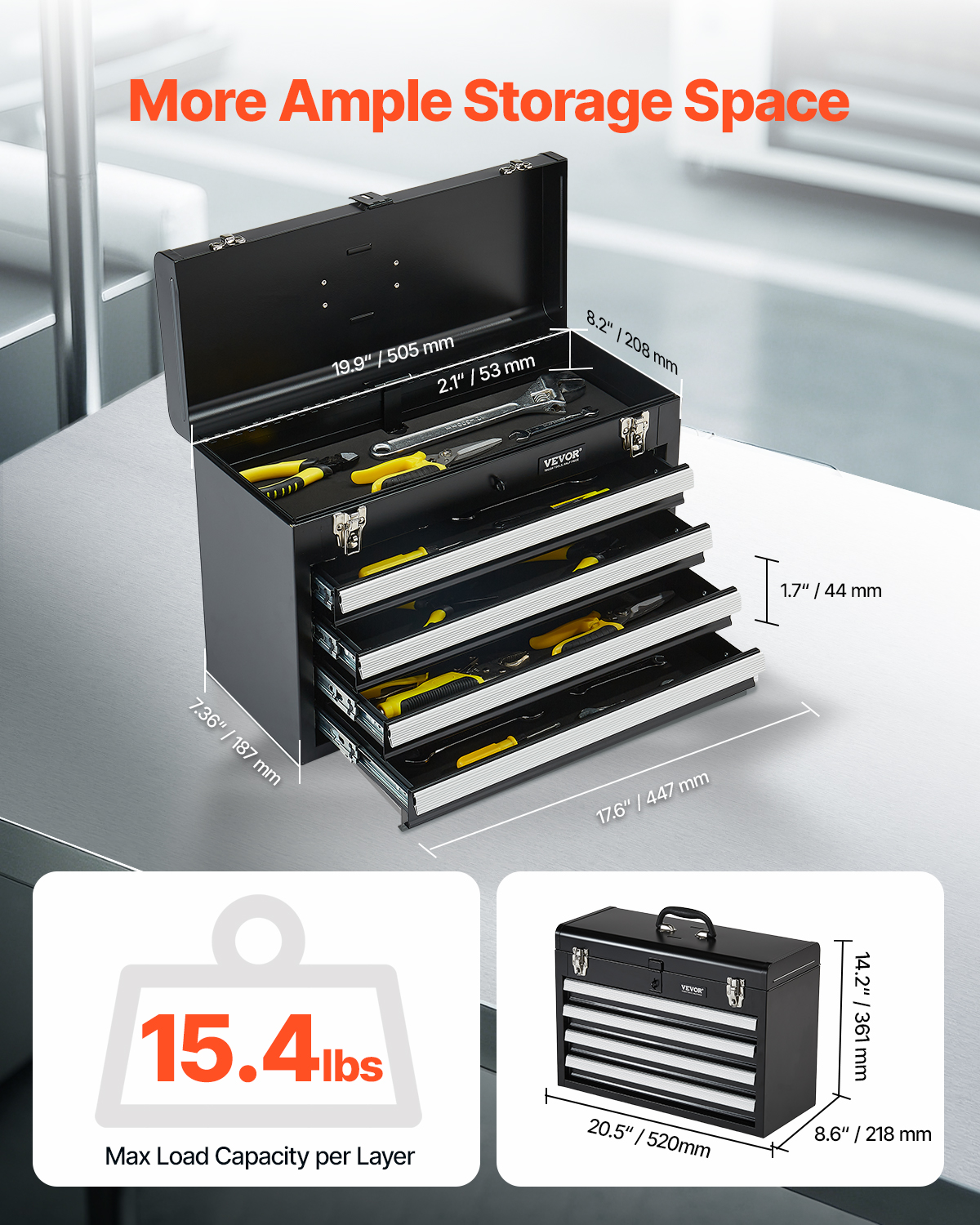 Una caja de herramientas negra abierta con cuatro cajones y medidas sobre una mesa, con gráficos incrustados.