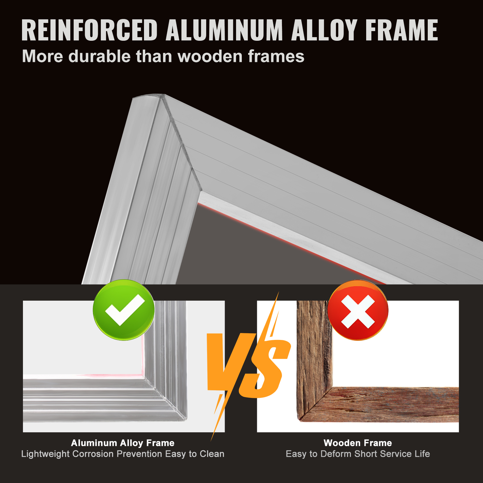 Comparación de un marco de aleación de aluminio duradero con uno de madera, destacando las ventajas del metal.