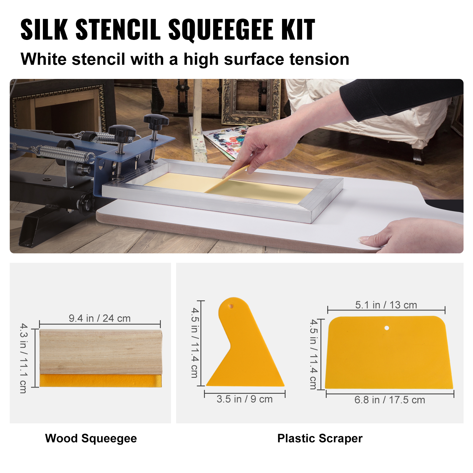 Kit de rasero para serigrafía con rasero de madera y raspadores de plástico amarillo con medidas.