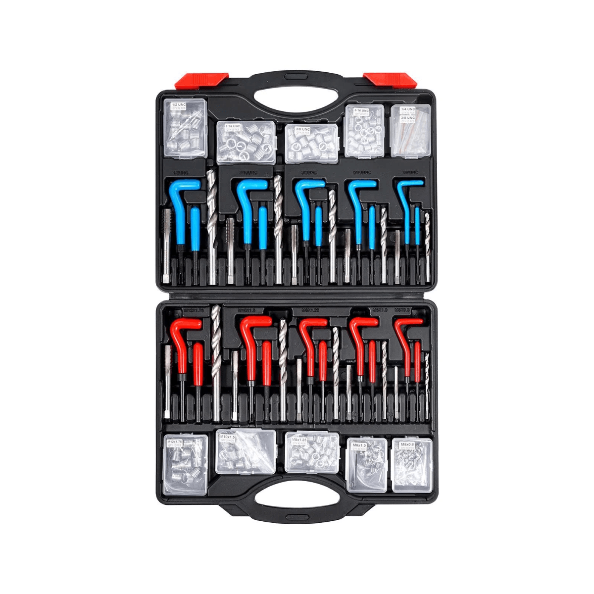 Una caja de herramientas negra contiene herramientas de reparación con mangos azules y rojos y cajas de insertos.