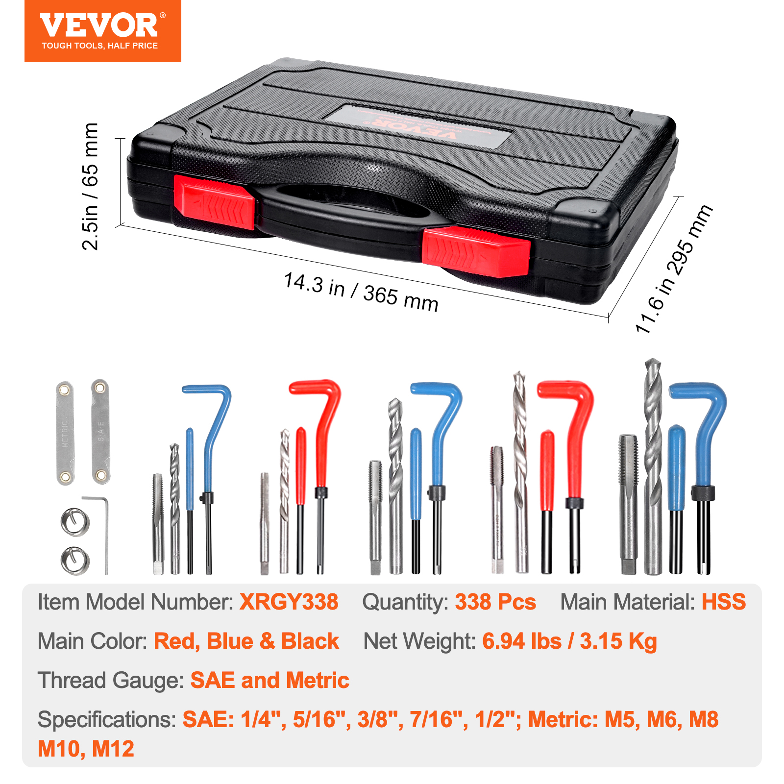 Caja de herramientas negra con cierres rojos y varios juegos de herramientas métricas y SAE abajo.