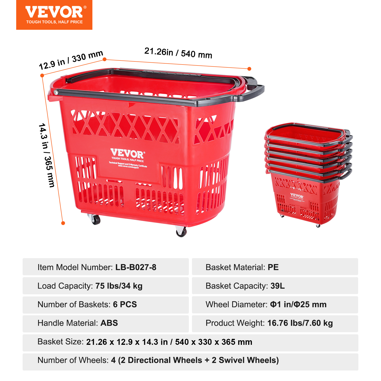 Cesta de compra de plástico rojo con ruedas y medidas, al lado de cestas apiladas y especificaciones.