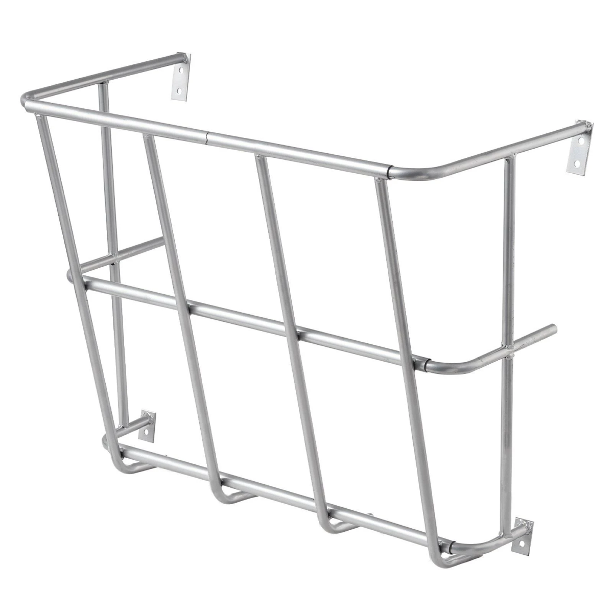 Una cesta de metal plateado con puntales verticales y pestañas de montaje sobre fondo blanco.