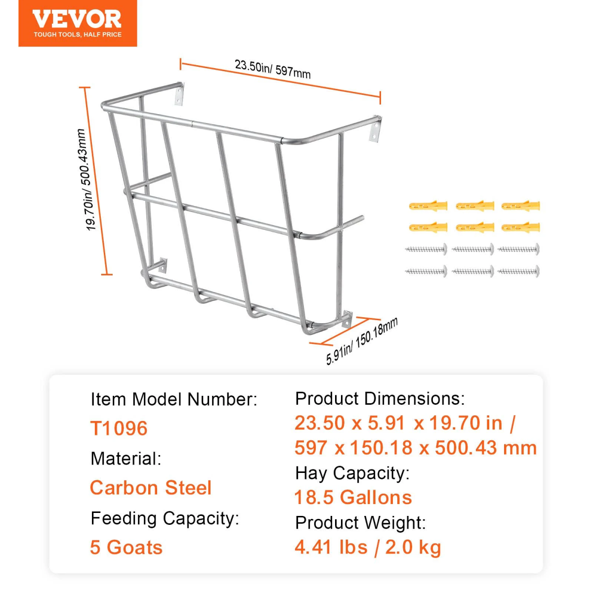 Hensel de pared de acero al carbono con dimensiones y accesorios de montaje sobre fondo blanco.