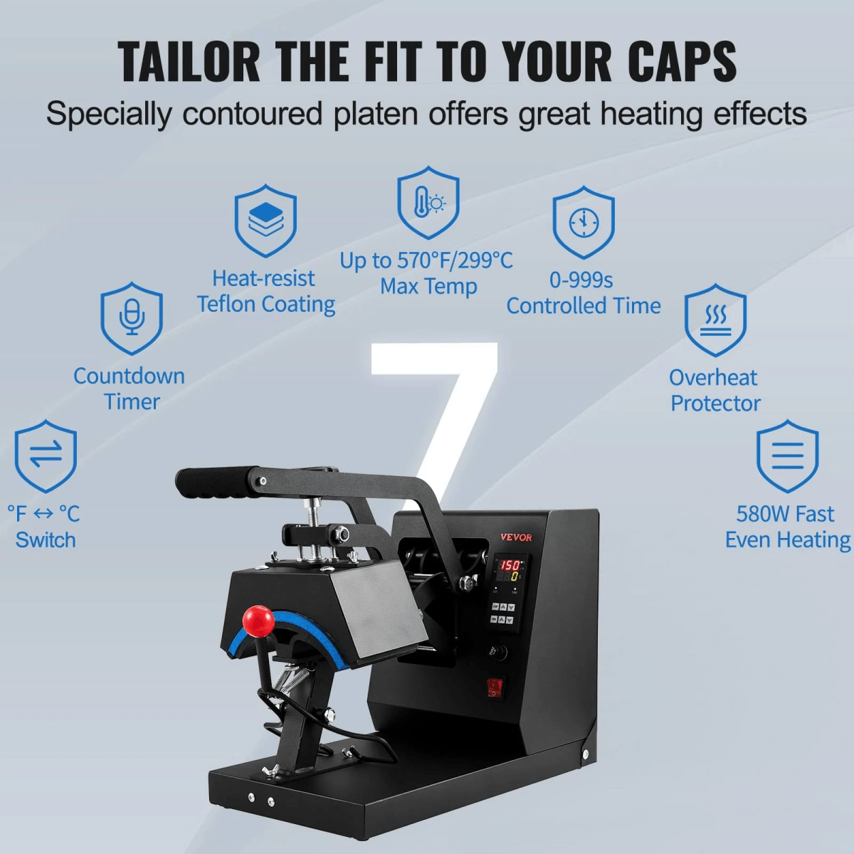 Prensa térmica negra para gorras con pantalla digital e iconos que destacan funciones como temperatura y temporizador.