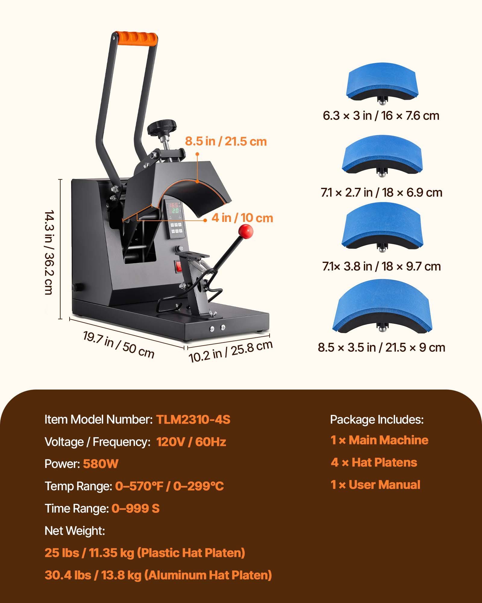 Una prensa térmica para gorras negra con dimensiones, cuatro placas curvas y especificaciones abajo.