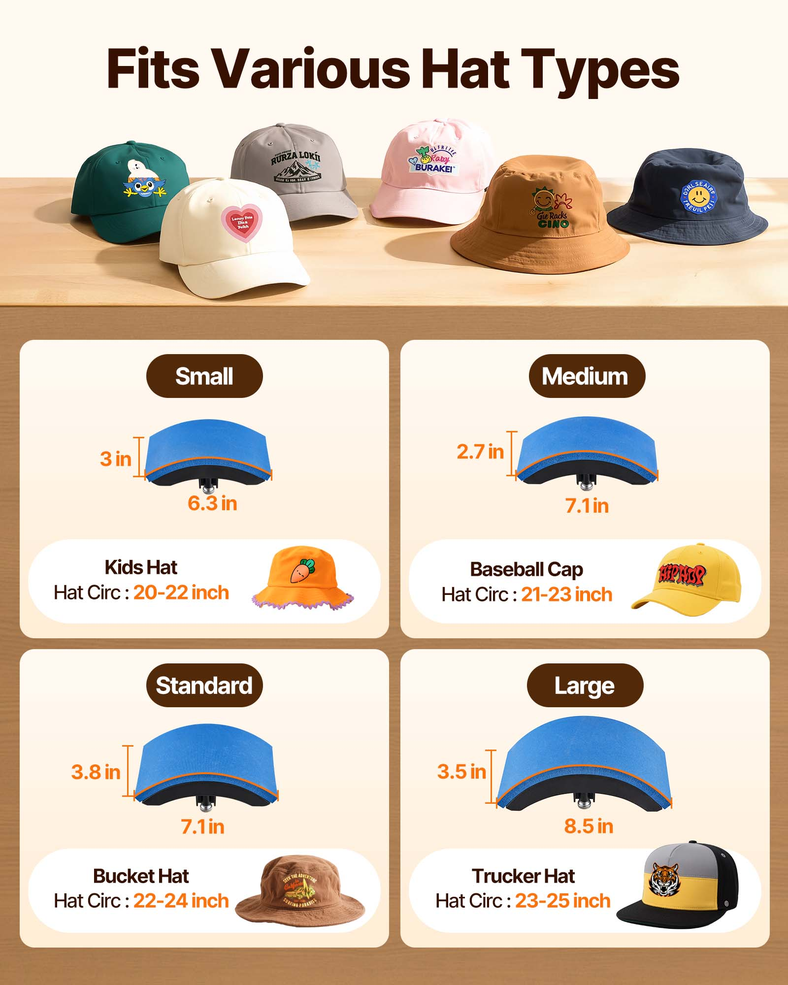 Infografía que muestra medidas de sombreros pequeños, medianos, estándar y grandes con dimensiones y ejemplos.
