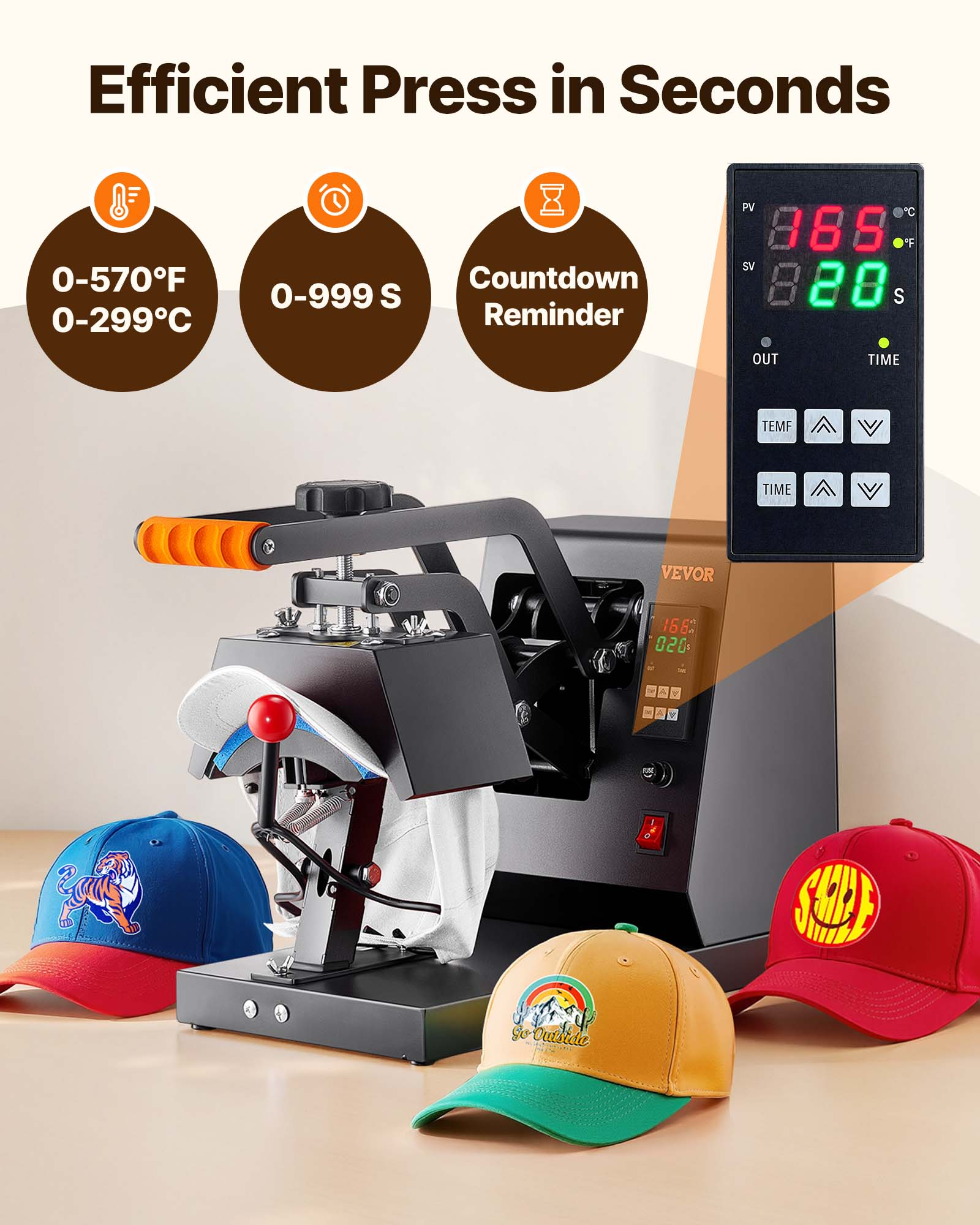 Una máquina para estampar gorras con pantalla digital y gorras de béisbol azul, amarilla y roja.