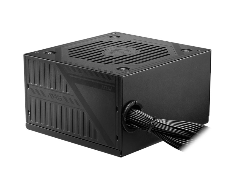 Bağlı kablolarla siyah bir MSI MAG PC güç kaynağı ünitesi.
