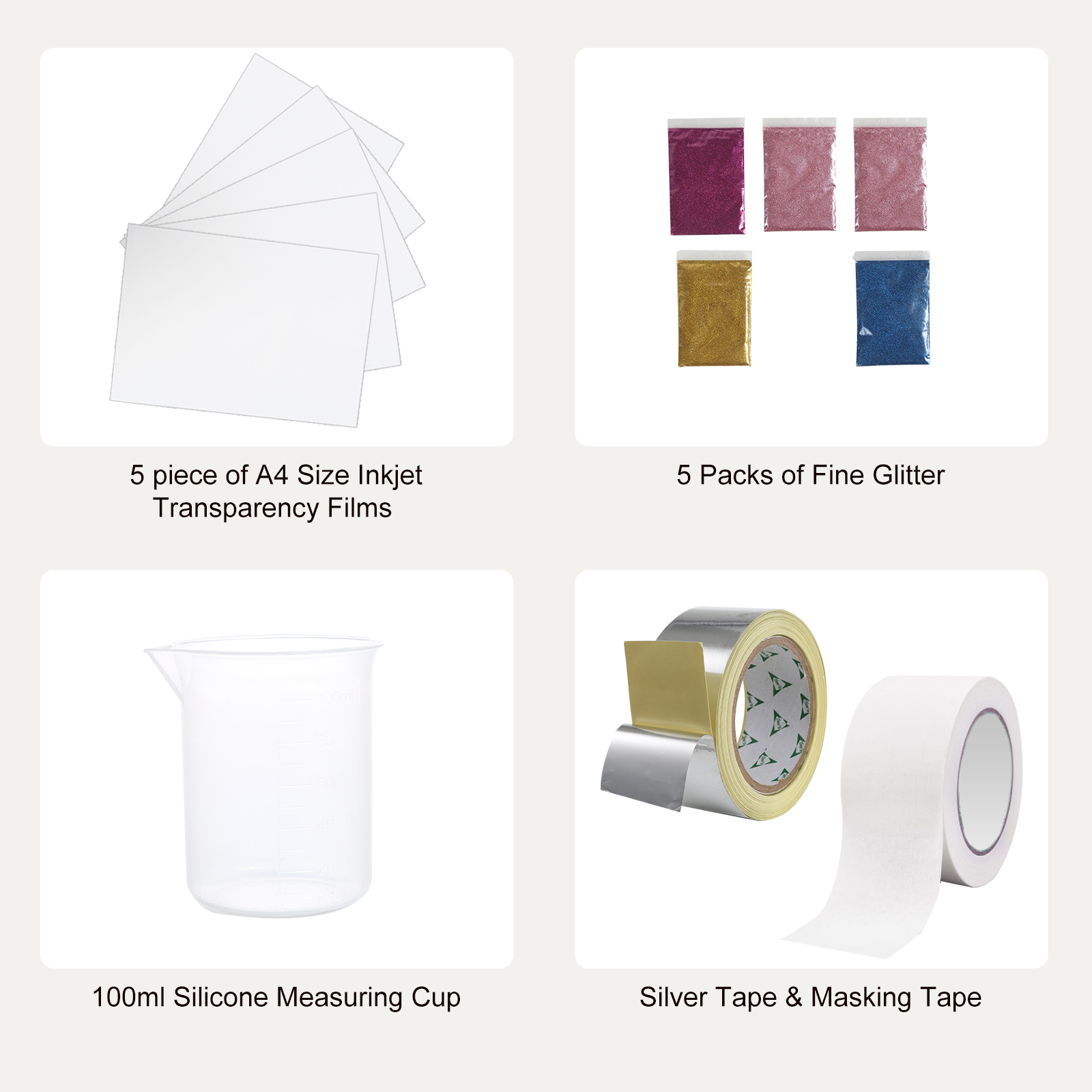 Cuatro materiales de manualidades: láminas, paquetes de purpurina, vaso medidor y cinta.