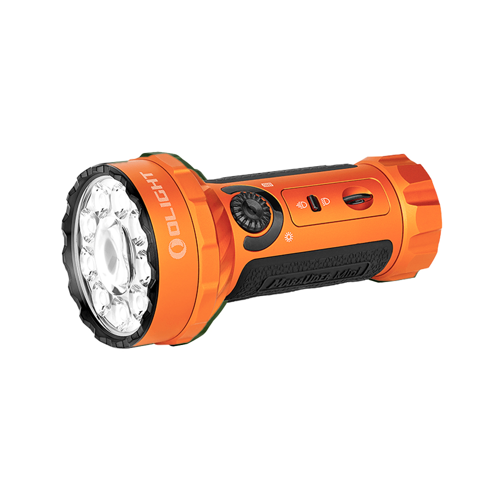 Una linterna Olight Marauder Mini compacta y naranja con múltiples LED y botones de control.