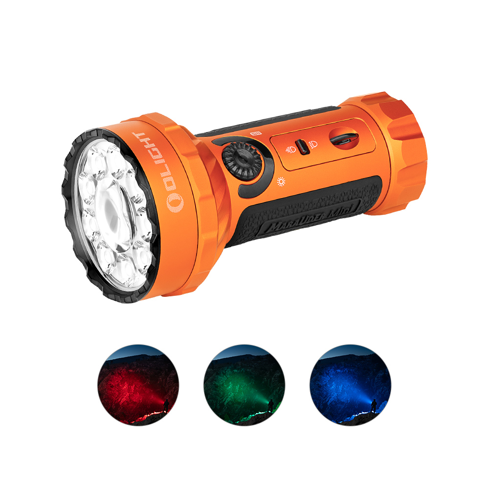 Linterna Olight naranja y negra con múltiples LED y tres inserciones circulares que muestran luz roja, verde y azul.
