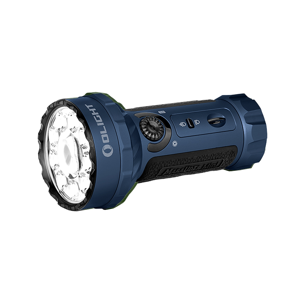 Una linterna azul Olight con frente LED brillante y botones de control en el cuerpo sobre fondo blanco.