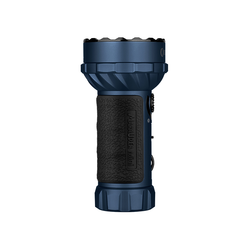 Linterna azul compacta con agarre negro texturizado, rueda de control lateral y cabeza ancha sobre fondo blanco.