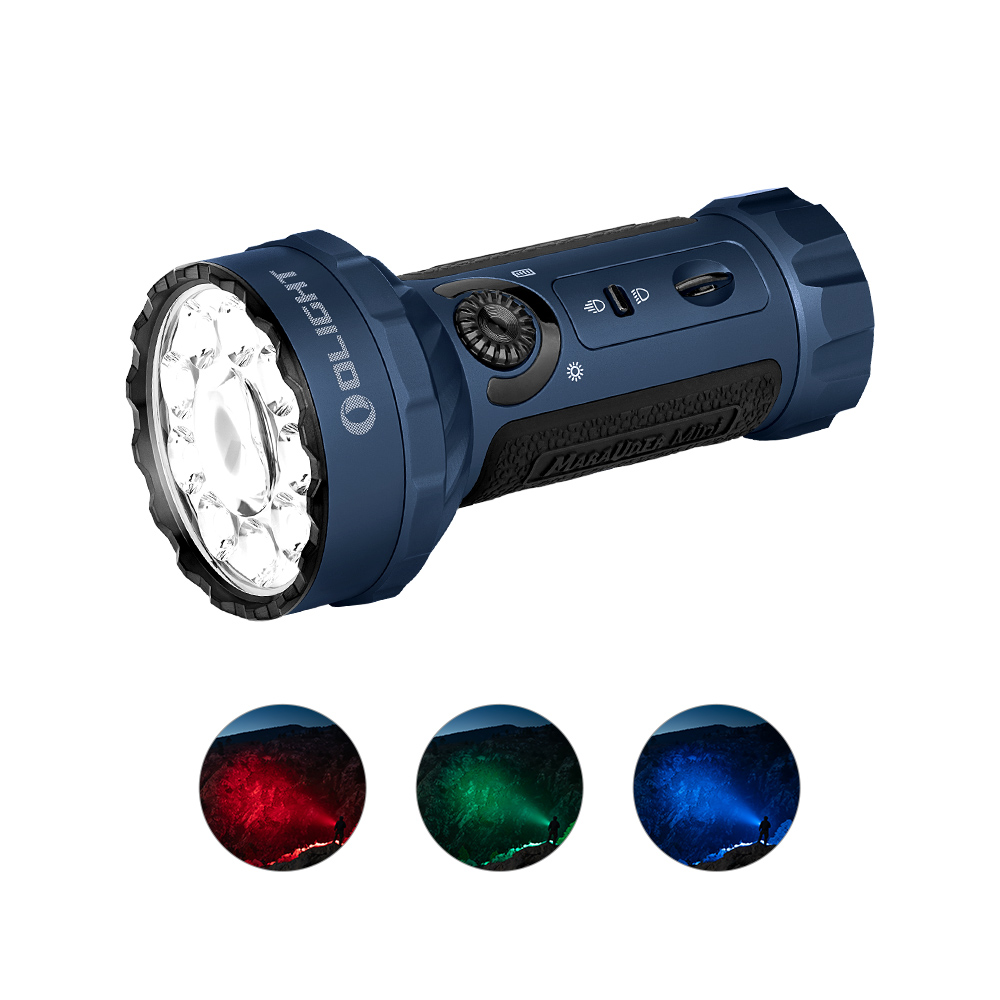Linterna Olight azul con luz blanca brillante y tres insertos circulares que muestran haces de luz roja, verde y azul.