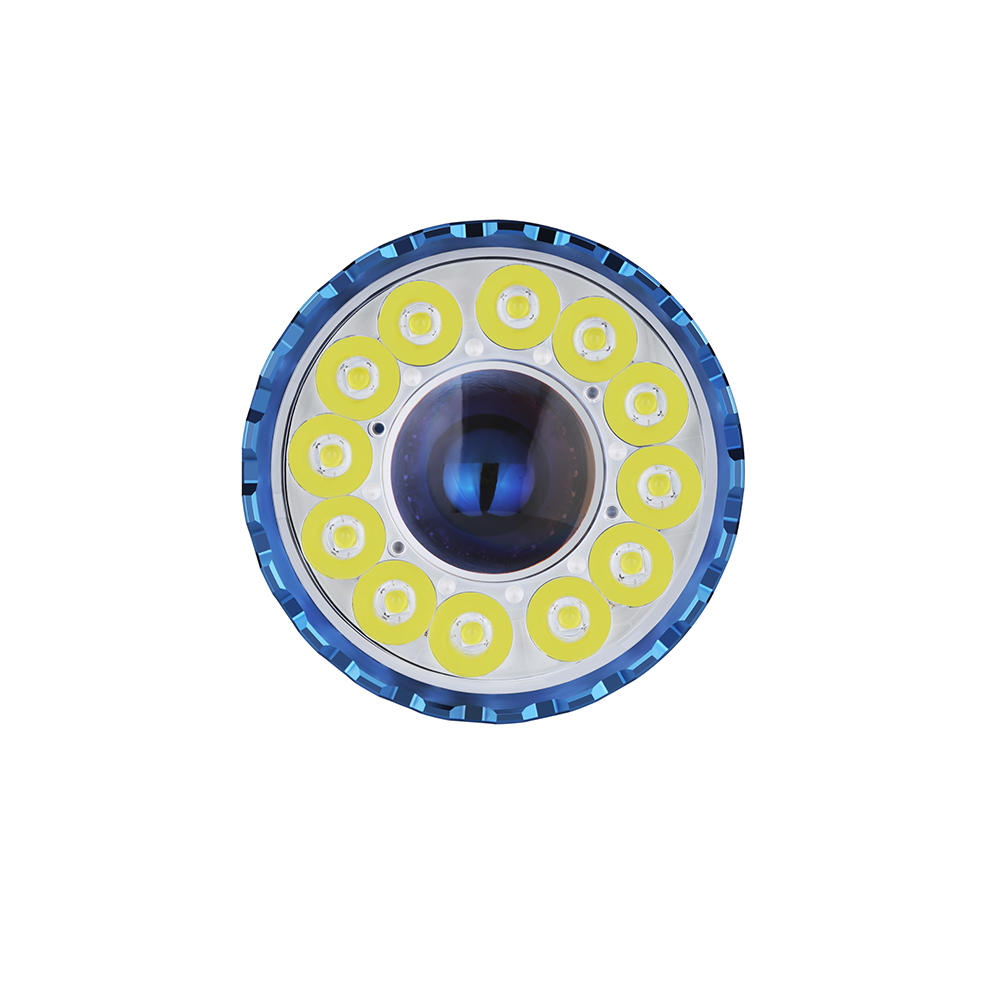 Linterna con cuerpo de metal azul, lente central grande y doce pequeños LED dispuestos en círculo.