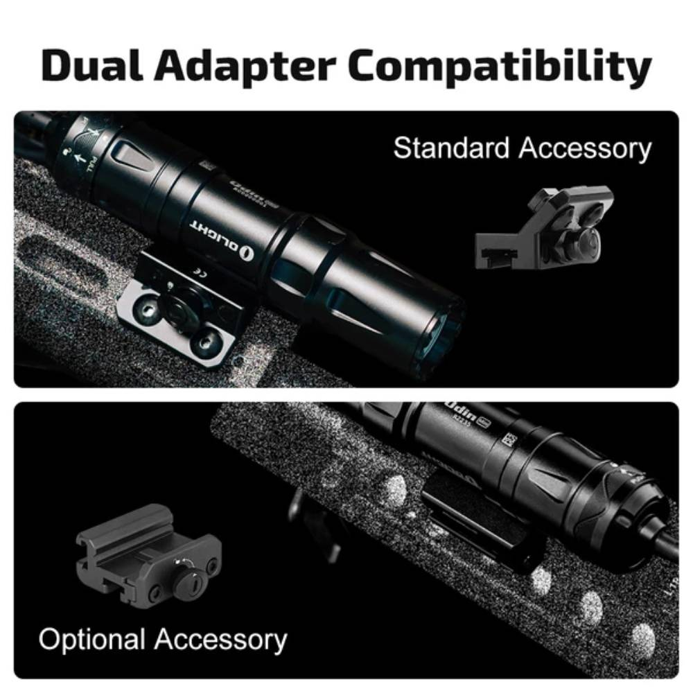 Compatibilité double adaptateur montrant une lampe noire avec accessoires standard et optionnels sur un fusil.