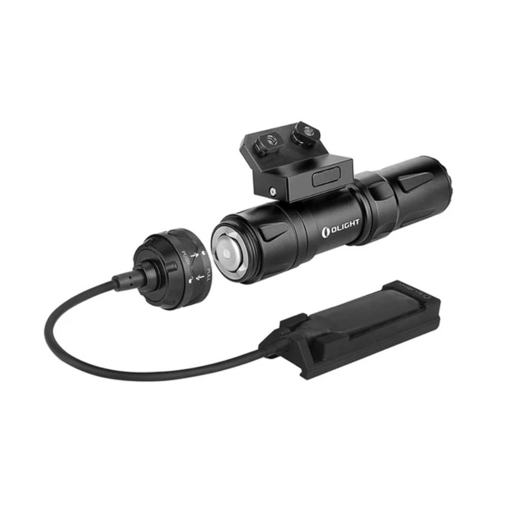 Lampe de poche Olight noire avec support de rail et interrupteur à distance relié par câble.