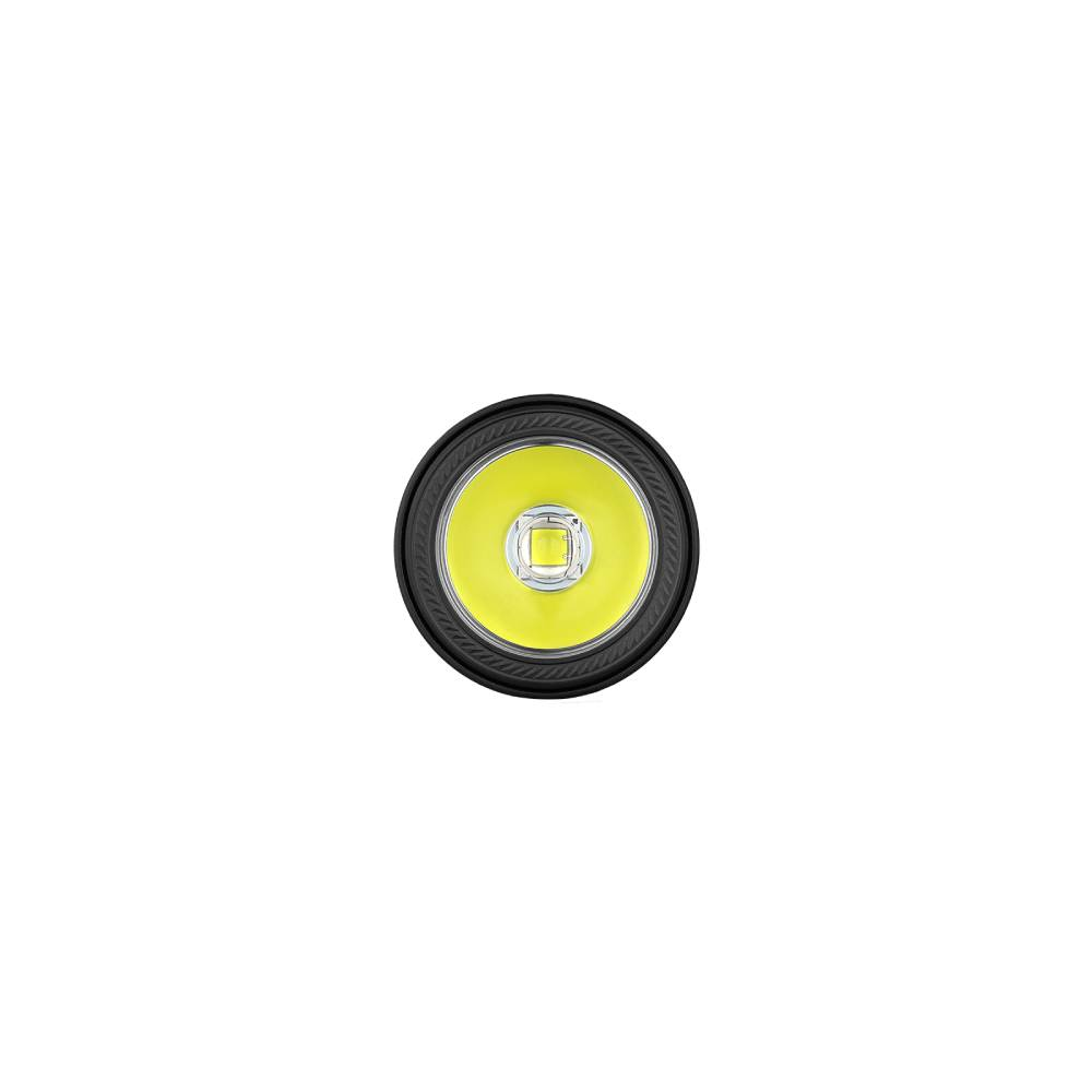Luz LED redonda con borde negro y centro amarillo brillante sobre fondo blanco.