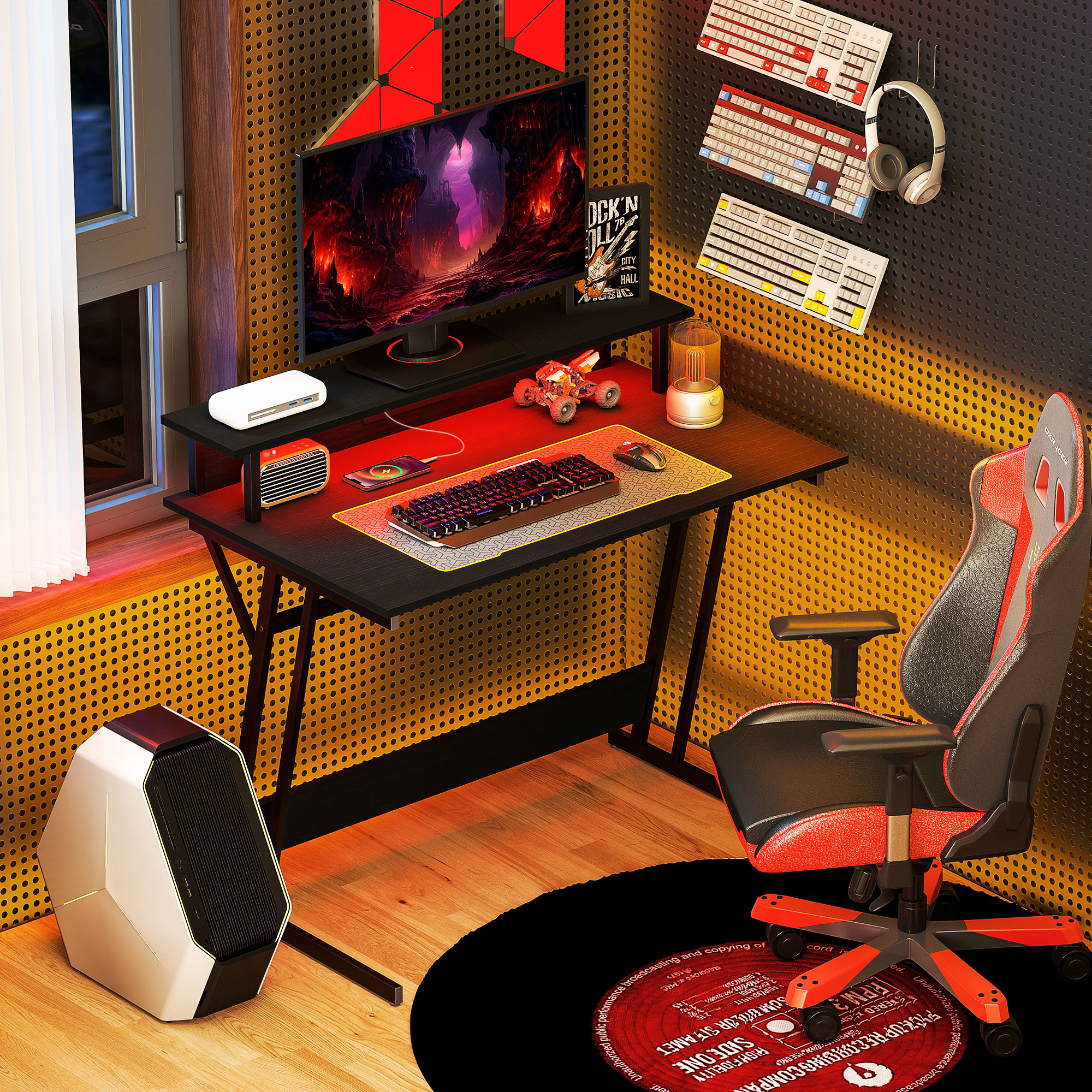 Configurazione da gioco moderna con scrivania rossa e nera, sedia, monitor, PC e tastiere montate a parete.