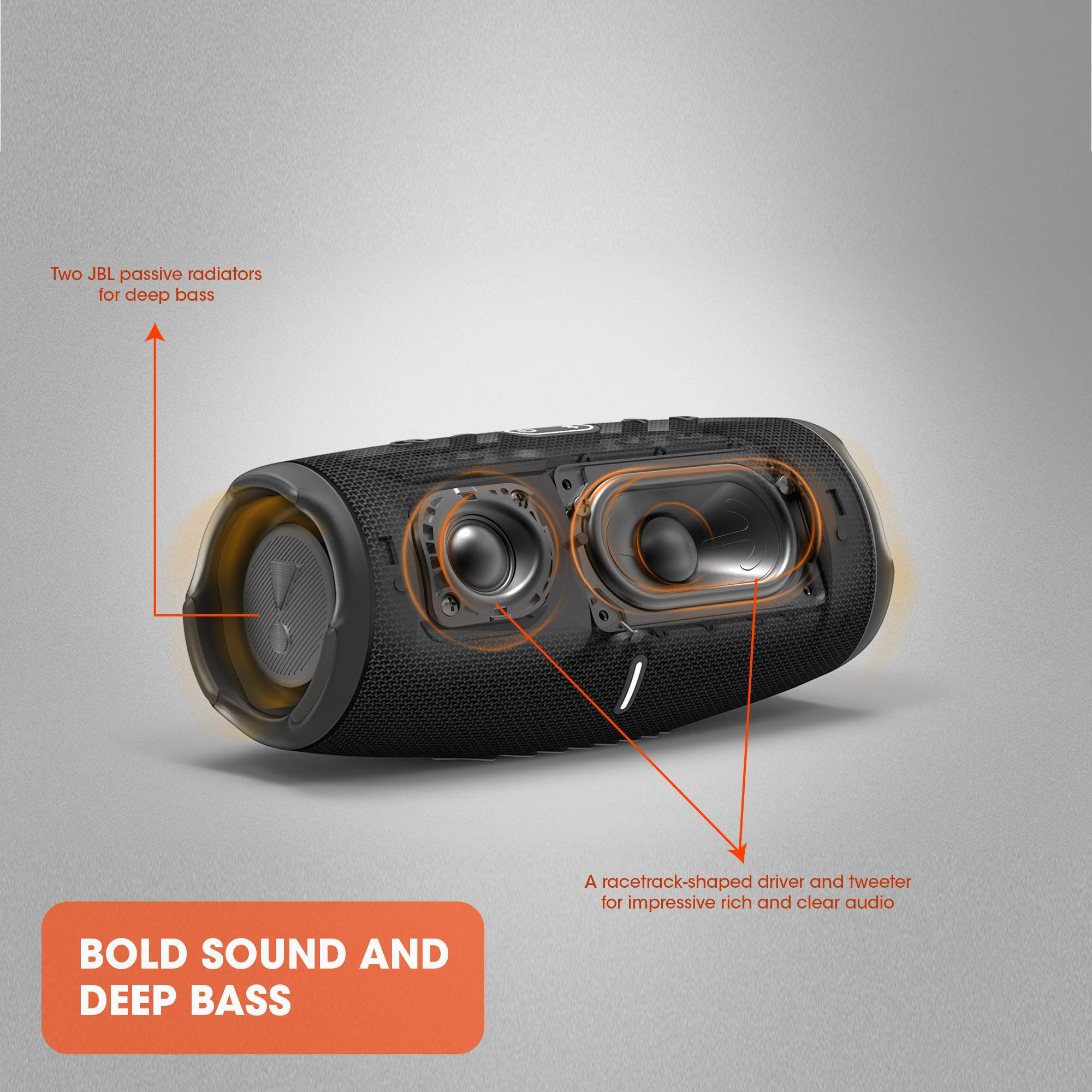 Schéma d'un haut-parleur JBL noir mettant en valeur les haut-parleurs et radiateurs passifs.