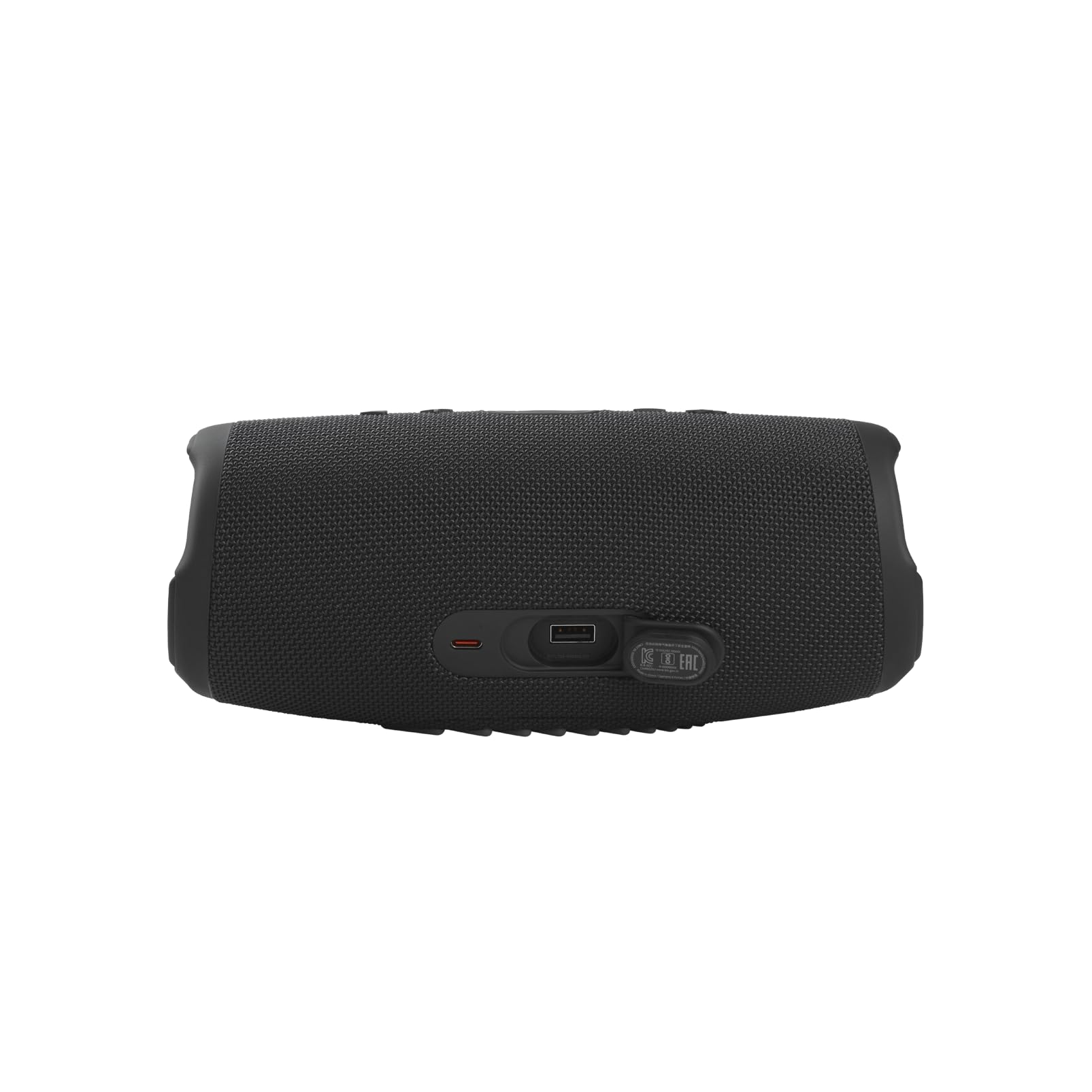 Vue arriere d'un haut-parleur sans fil noir montrant les ports USB-C et USB-A.