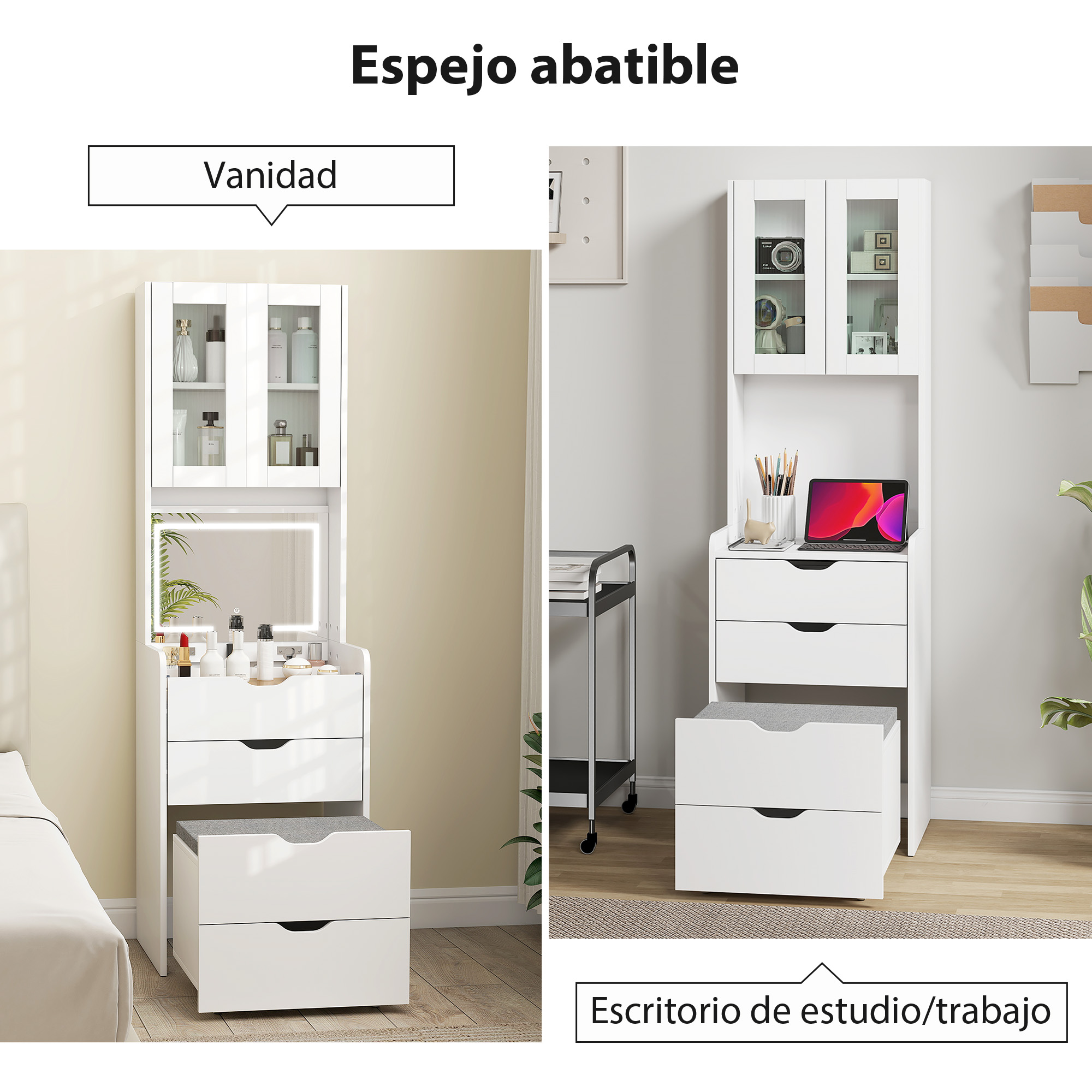 Un mueble multifuncional blanco con armario, cajones y taburete, que sirve como tocador o escritorio de estudio.