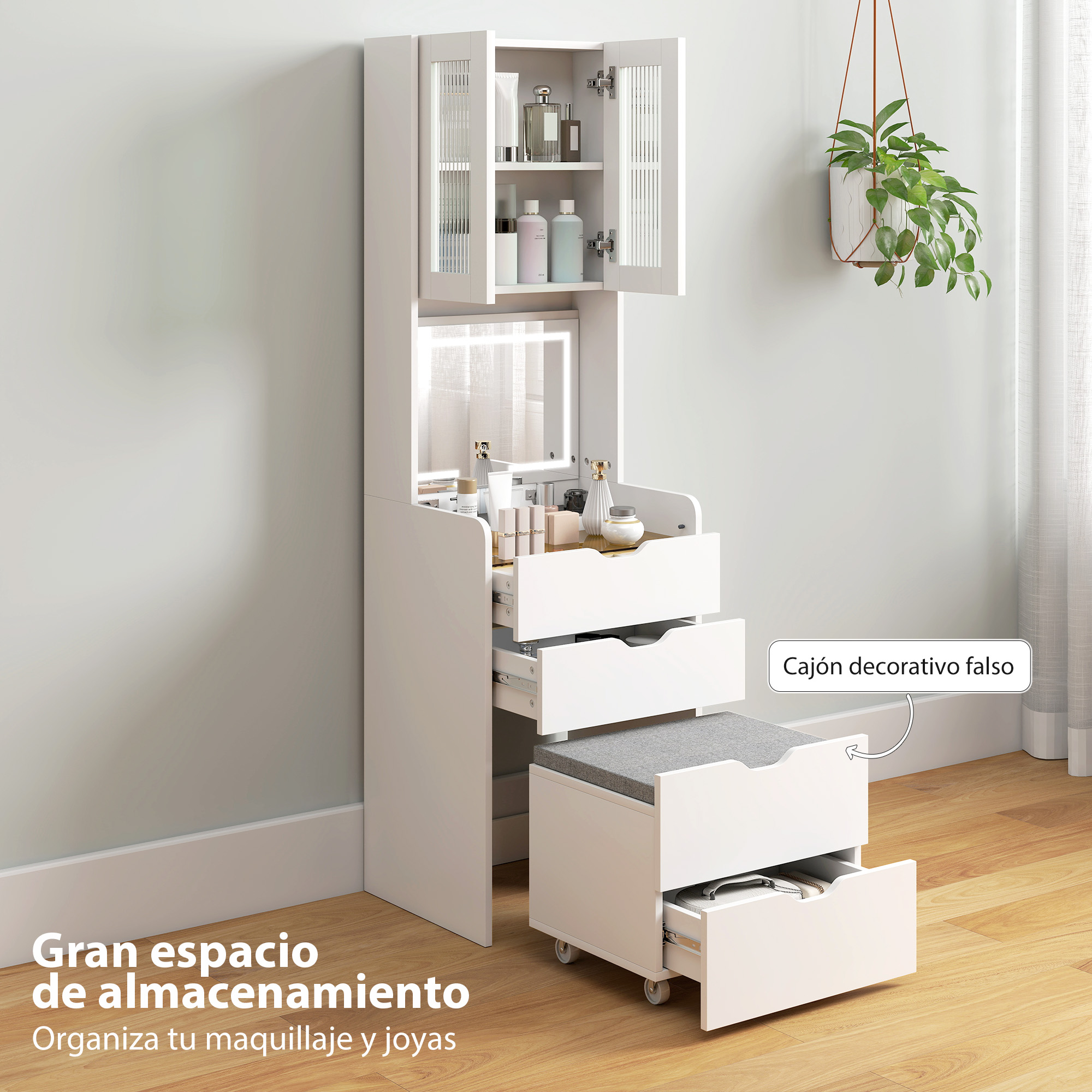 Un tocador blanco con almacenamiento abierto, espejo iluminado, cajones y taburete con ruedas.