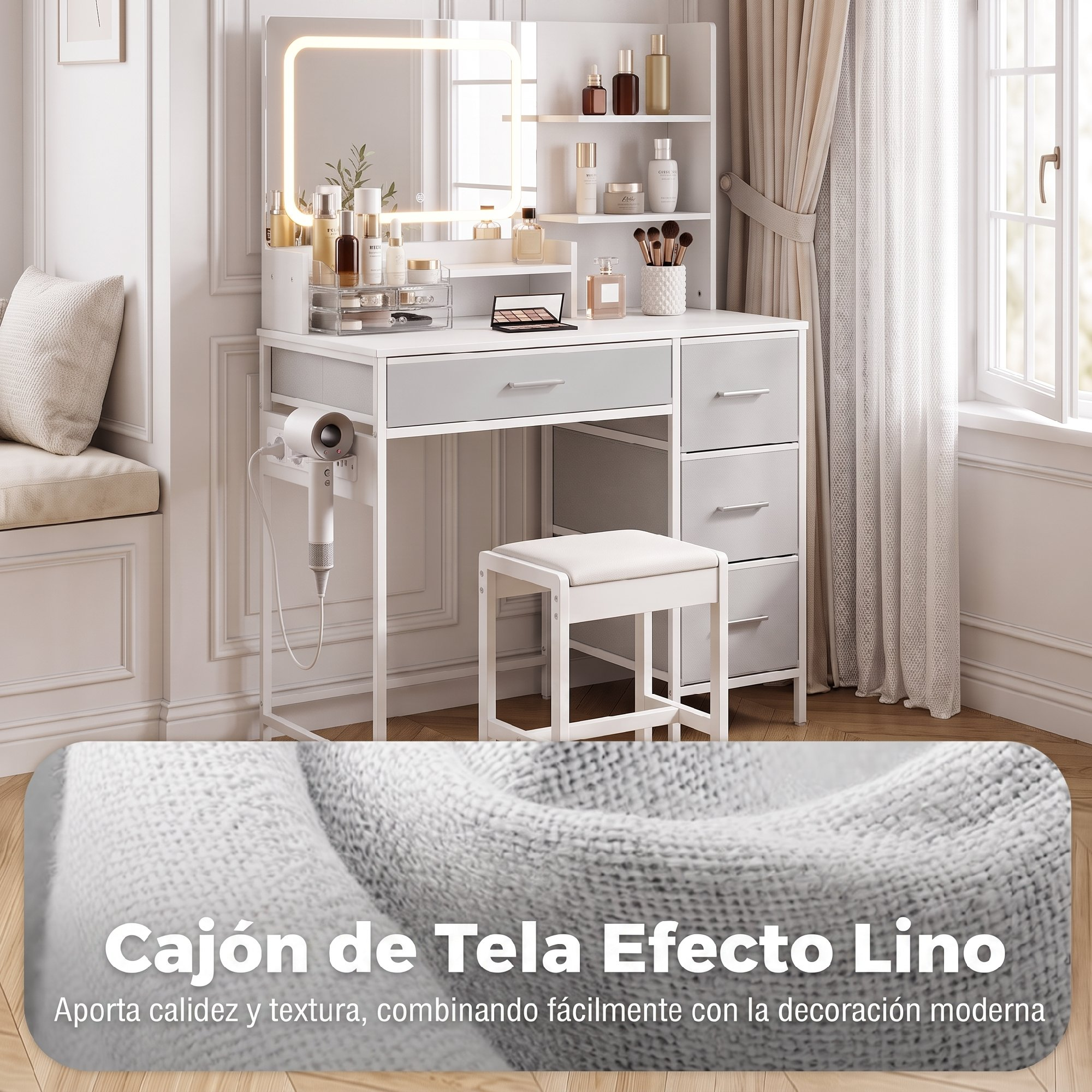Moderna mesa de tocador blanca con espejo iluminado, taburete y cajones de tela gris en una habitación luminosa.