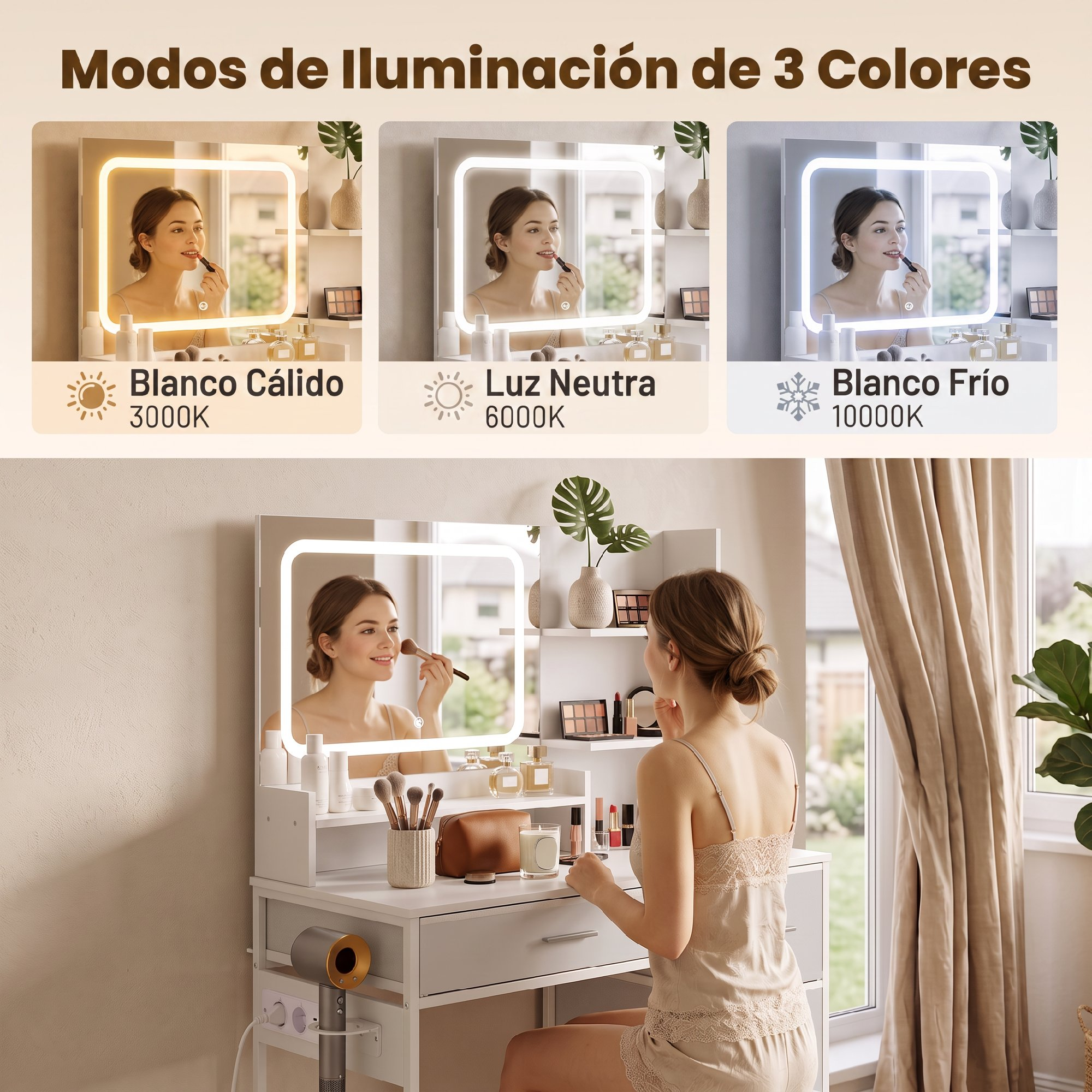 Una mujer se sienta ante un tocador blanco con espejo iluminado en tres modos.