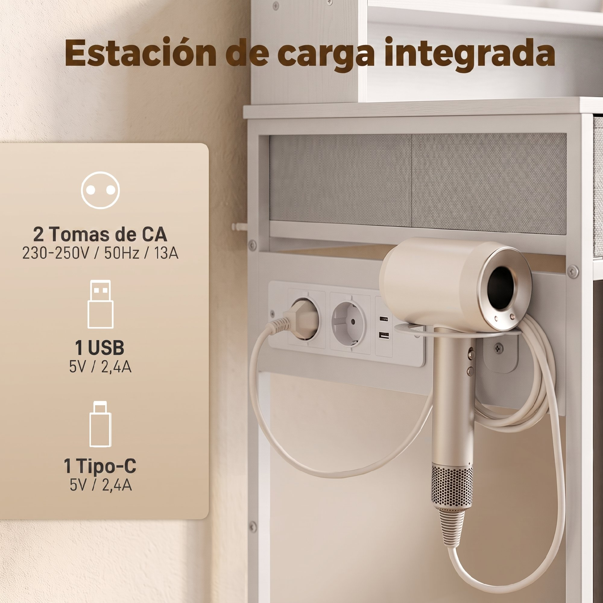 Estación de carga integrada con dos tomas de CA, puertos USB, Tipo-C y un secador de pelo.