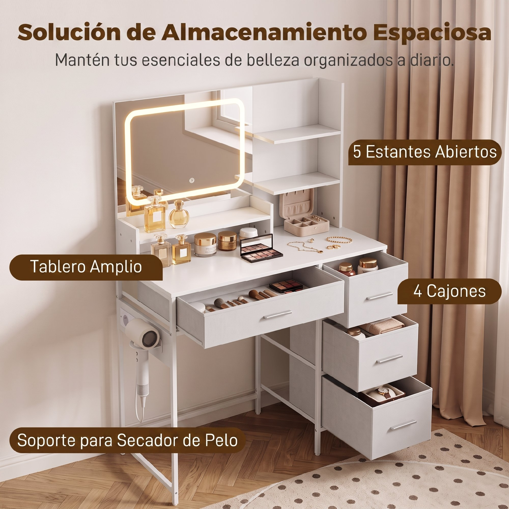Tocador blanco con espejo iluminado, estantes abiertos, cajones y soporte para secador, con maquillaje y joyas.