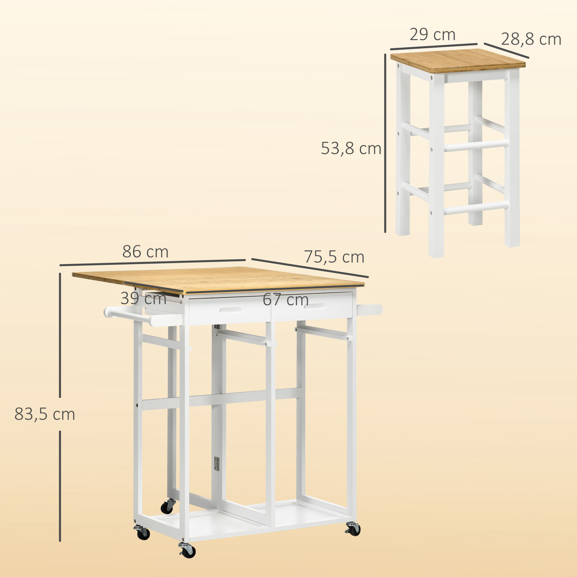 Carrito de cocina blanco con ruedas, tablero de madera y taburete a juego, con medidas.