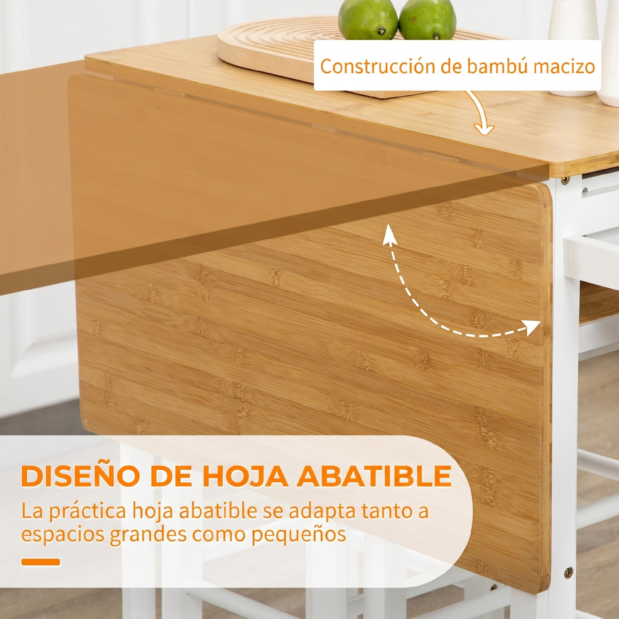 Una mesa abatible de madera con texto en español destacando su diseño plegable.
