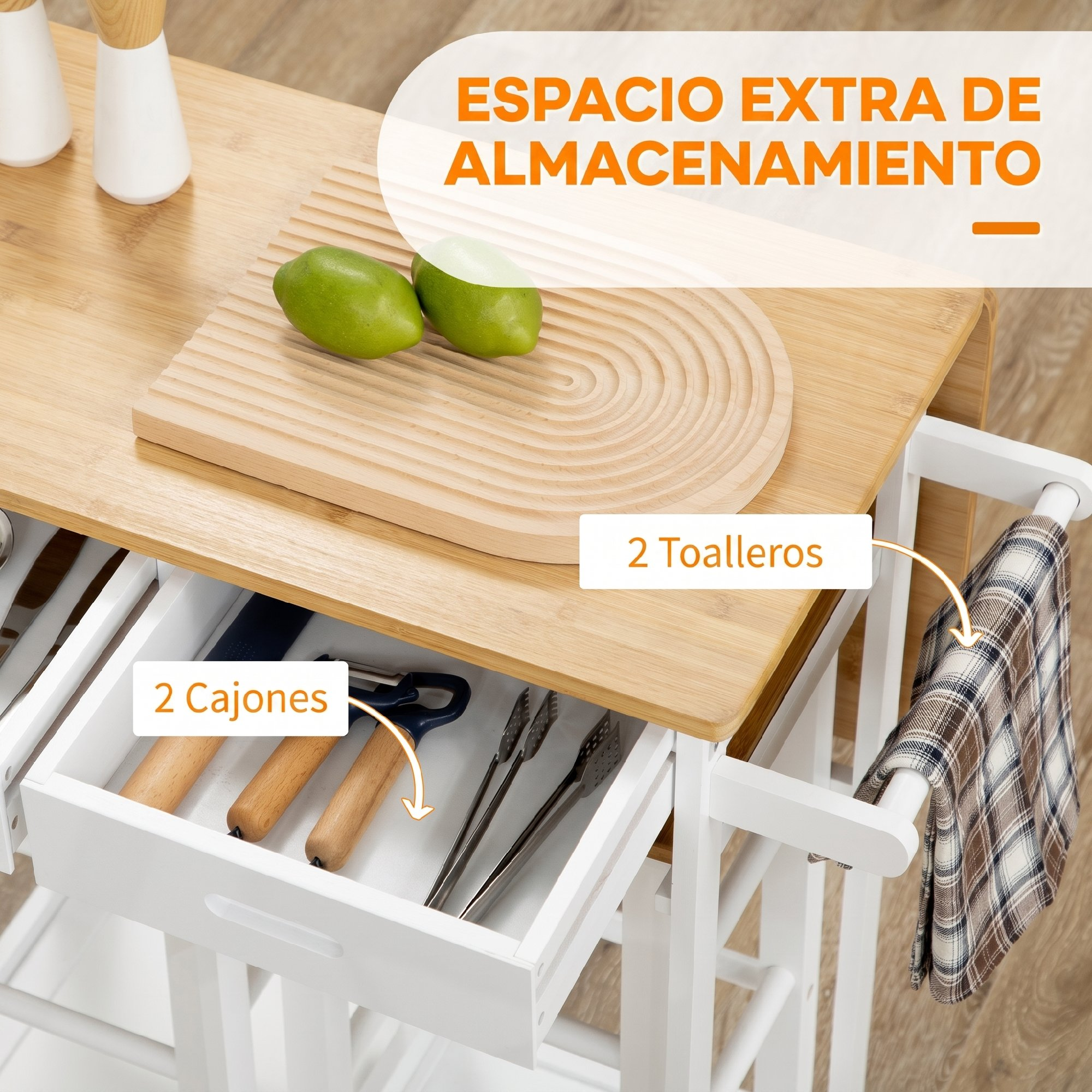 Tabla de cortar de madera con dos limas, cajón abierto con utensilios y un paño en un carrito de cocina.