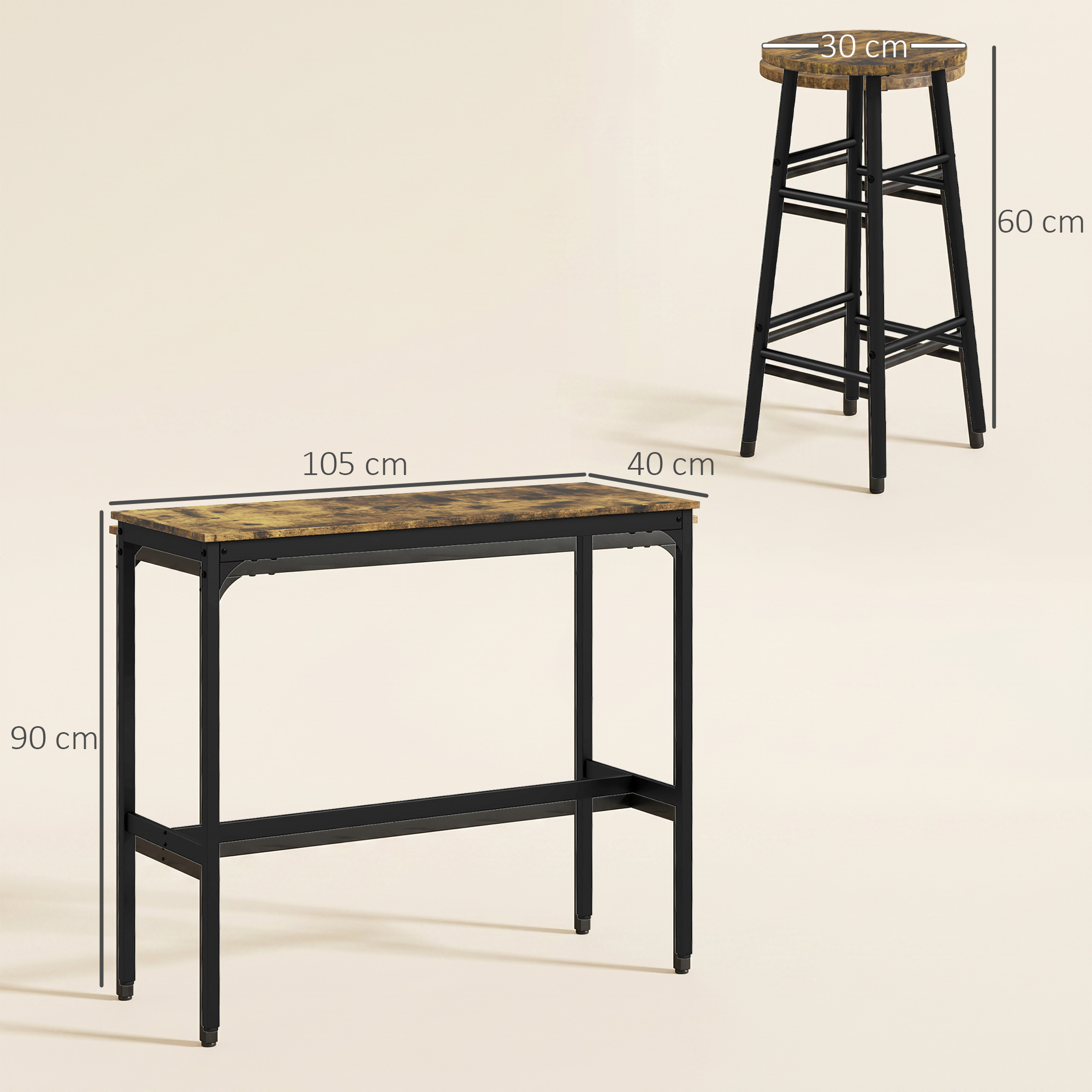 Una mesa de bar marrón y negra de 105x40x90cm y un taburete a juego de 30x60cm.