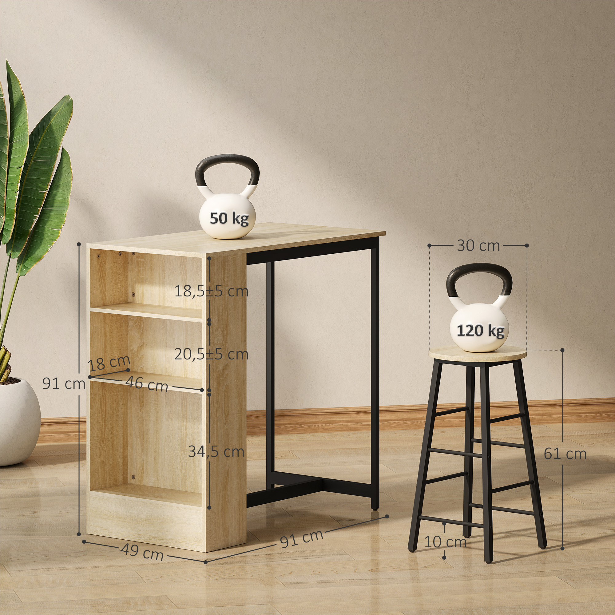 Mesa de bar de madera clara y metal negro con estantes y taburete, con pesas rusas y líneas de dimensión.